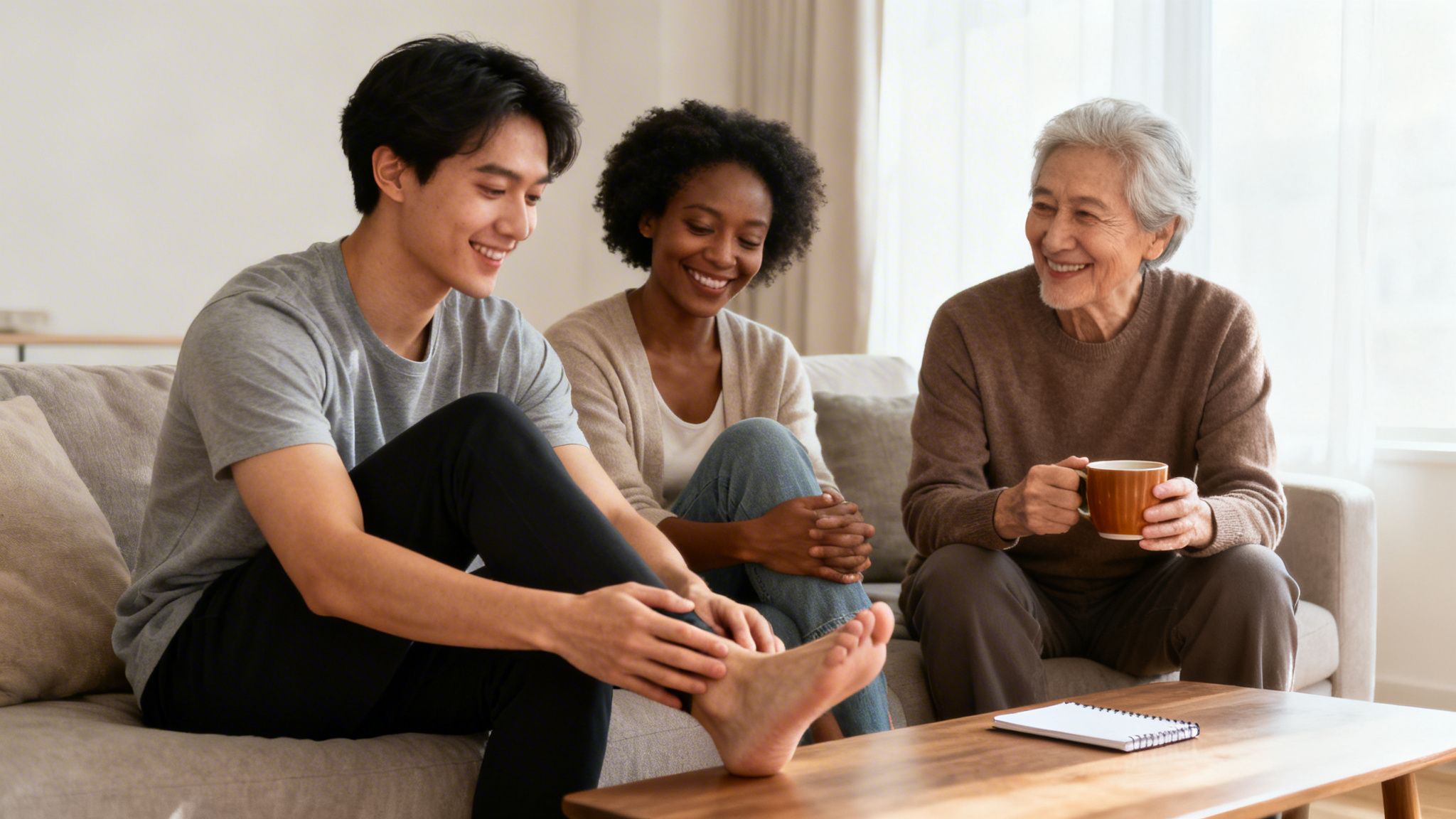 Three diverse people smiling and interacting on a couch, enjoying time together.