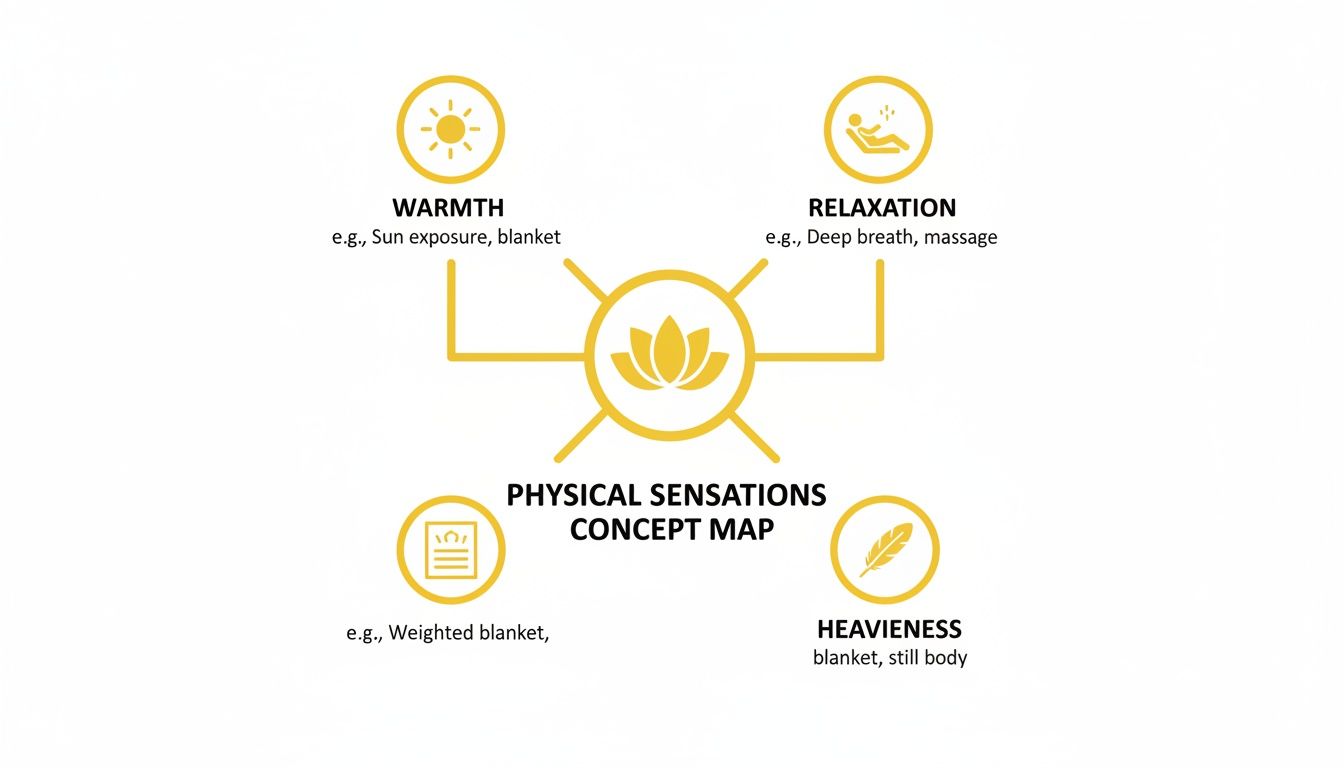 A concept map illustrating physical sensations such as warmth, relaxation, and heaviness with examples.