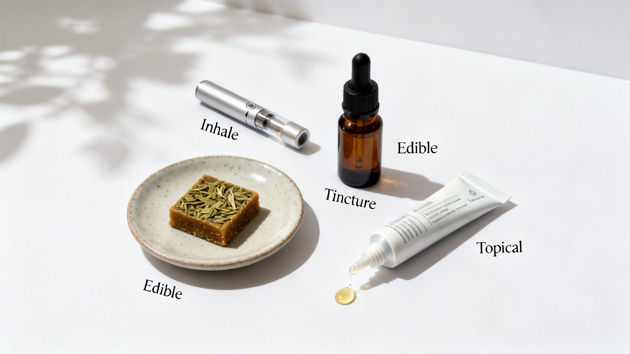 Various cannabis products on a white surface with labels: Inhale, Tincture, Edible, Topical.