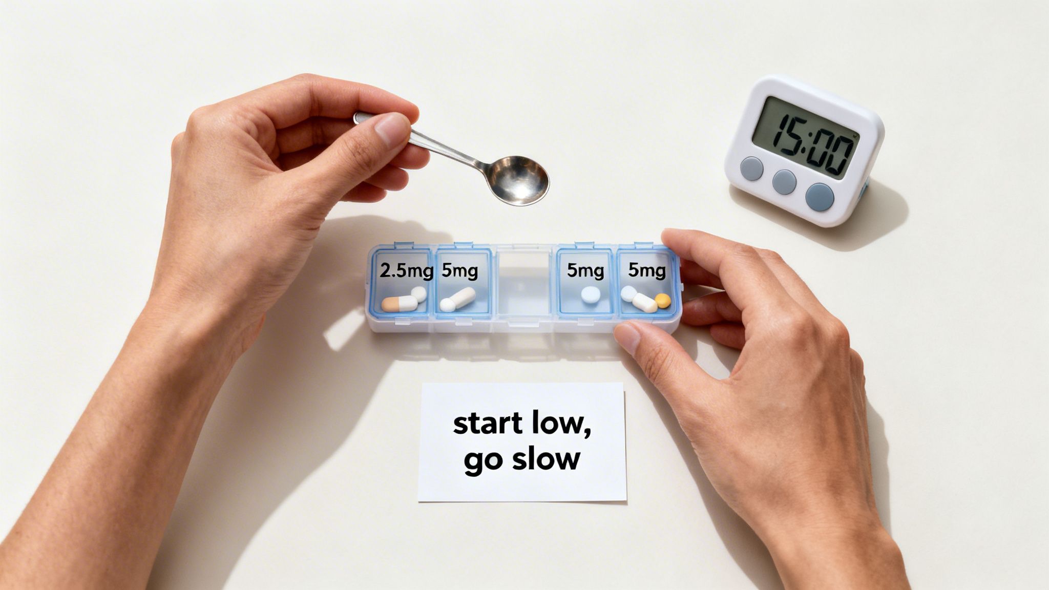 Hands holding a spoon, pill organizer with labeled dosages, timer, and a 'start low, go slow' note.
