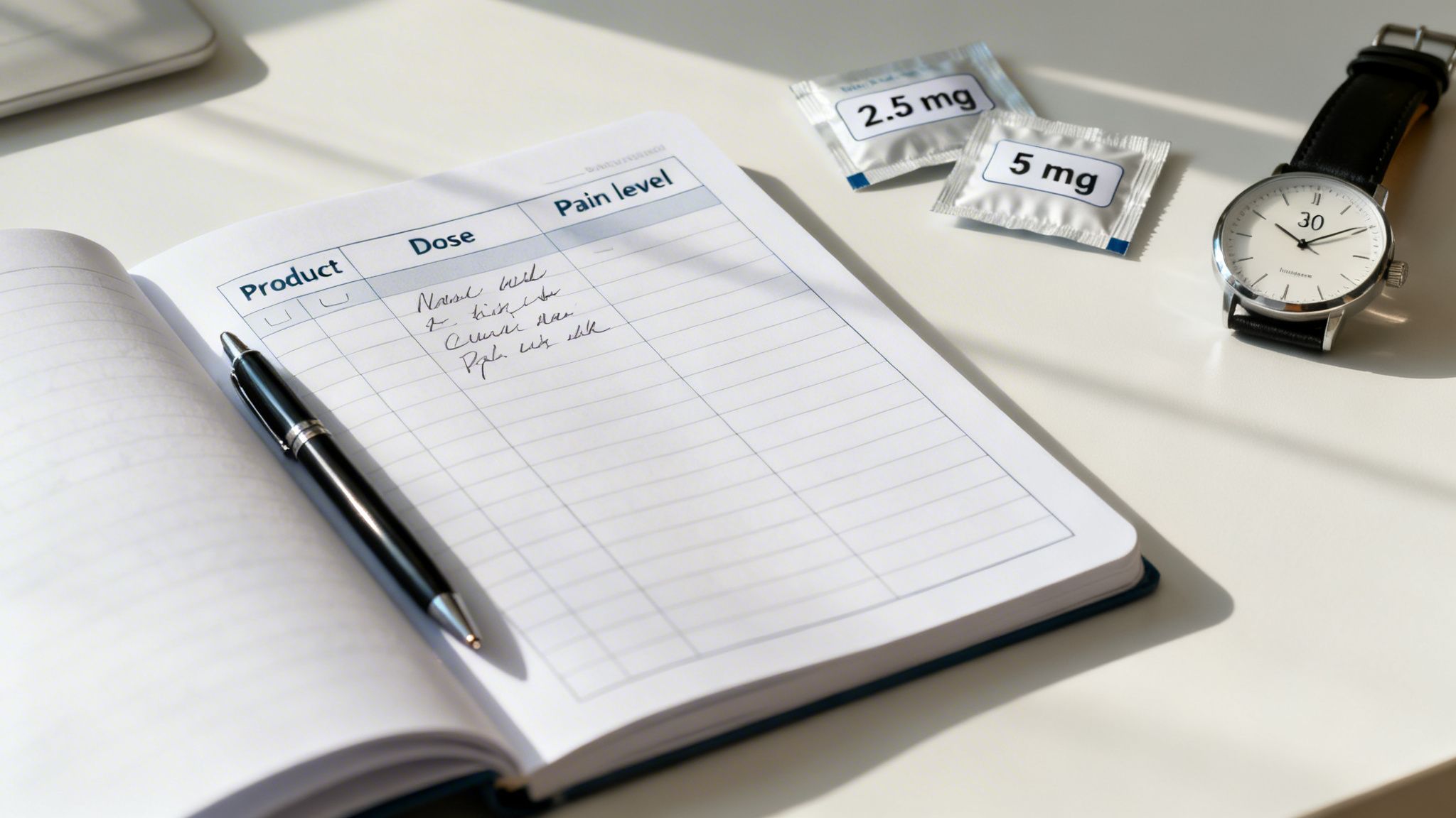 Close-up of a notebook with pain tracking columns, a pen, medicine packets, and a wristwatch.