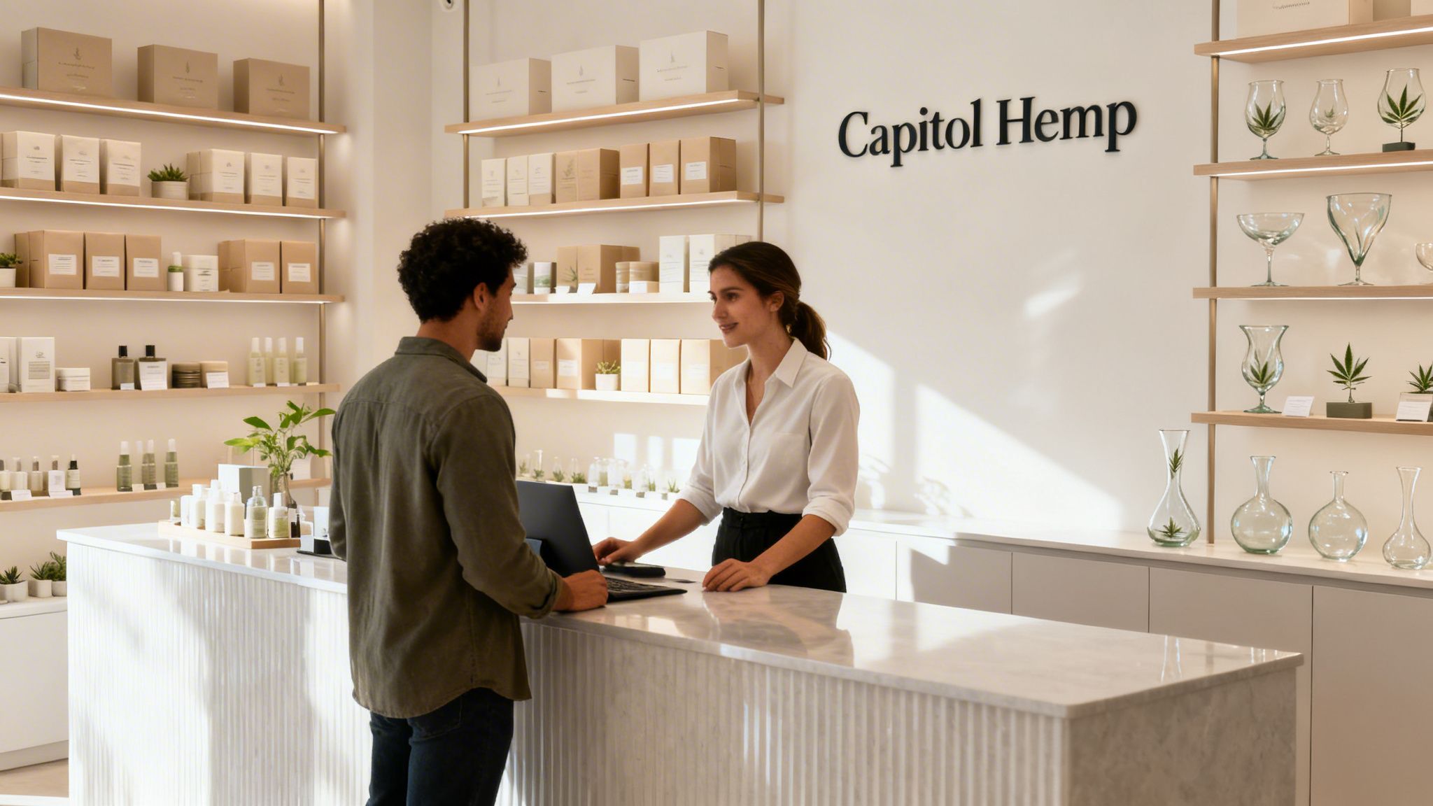 A man and woman interact at the counter of a modern Capitol Hemp store, surrounded by products.
