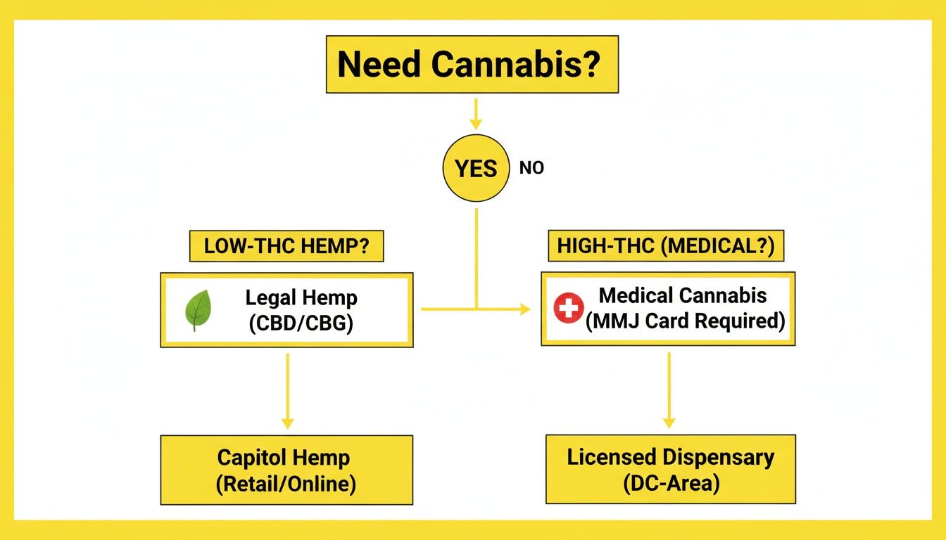 Flowchart guiding users on how to obtain low-THC hemp or medical cannabis in the DC area.