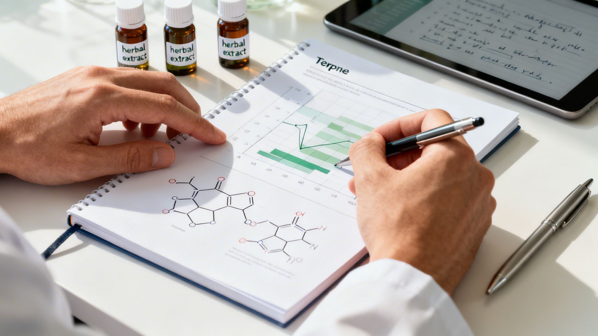 Hands of a scientist analyzing terpene graphs and chemical structures with herbal extracts.