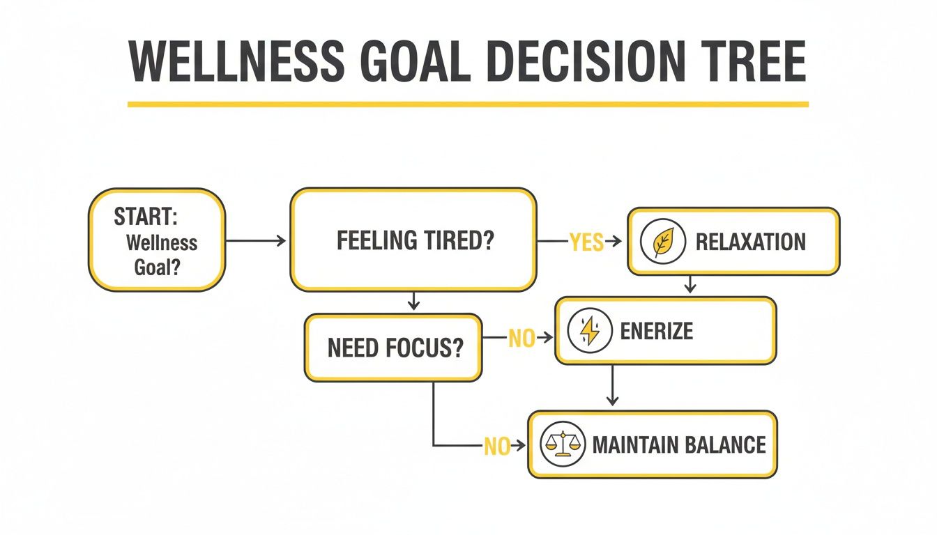 A wellness goal decision tree flowchart guides choices for relaxation, energizing, or maintaining balance.