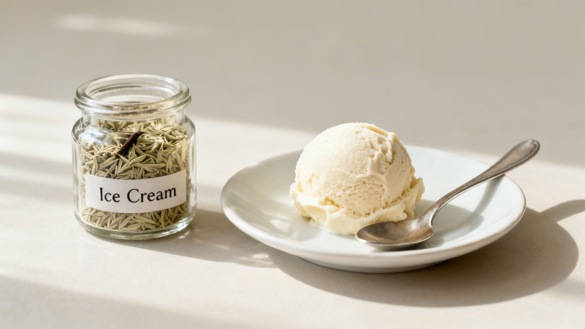 A jar labeled 'Ice Cream' filled with dried herbs beside a scoop of vanilla ice cream and spoon.