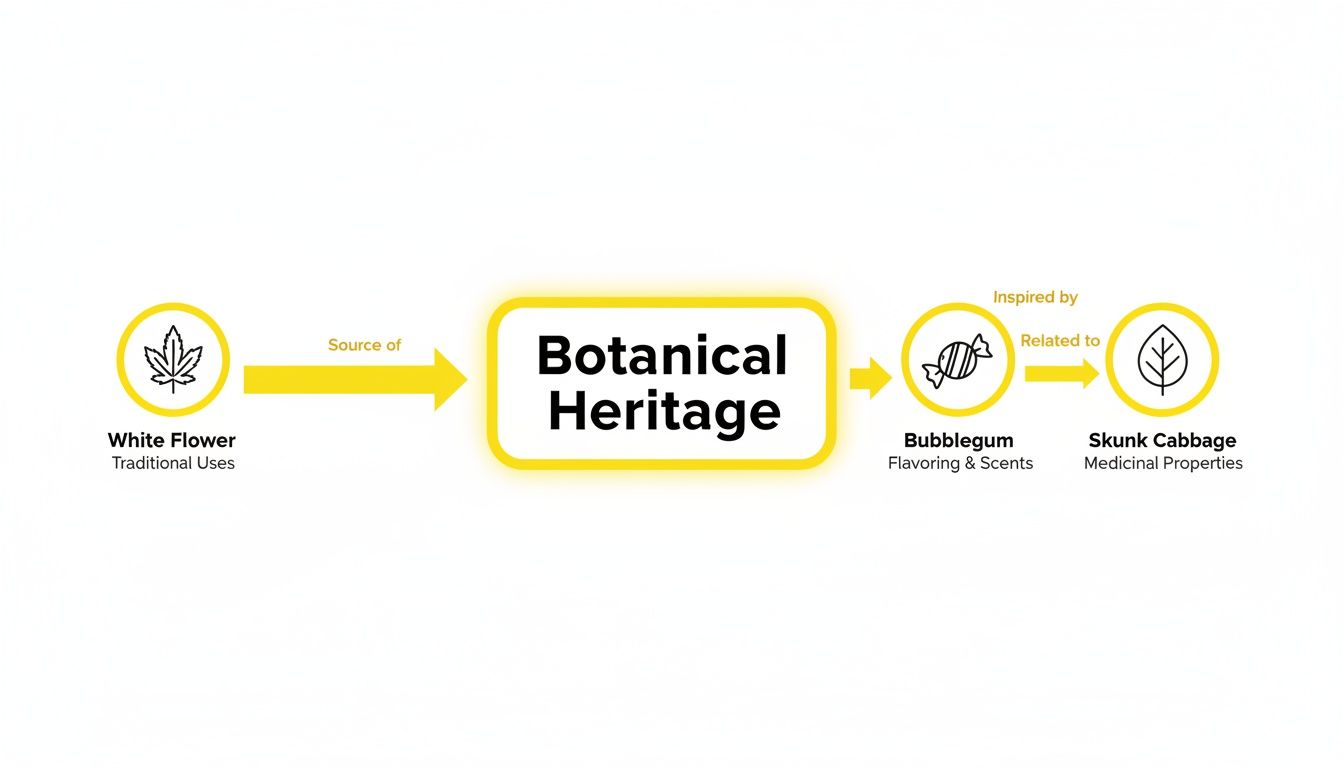 Flowchart showing botanical heritage connecting white flower, bubblegum, and skunk cabbage.
