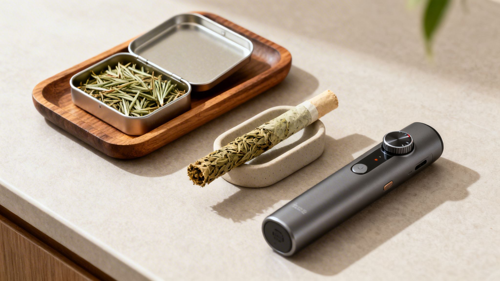 A wooden tray with dried herbs in a tin, a rolled herbal stick, and a modern grey vaporizer.