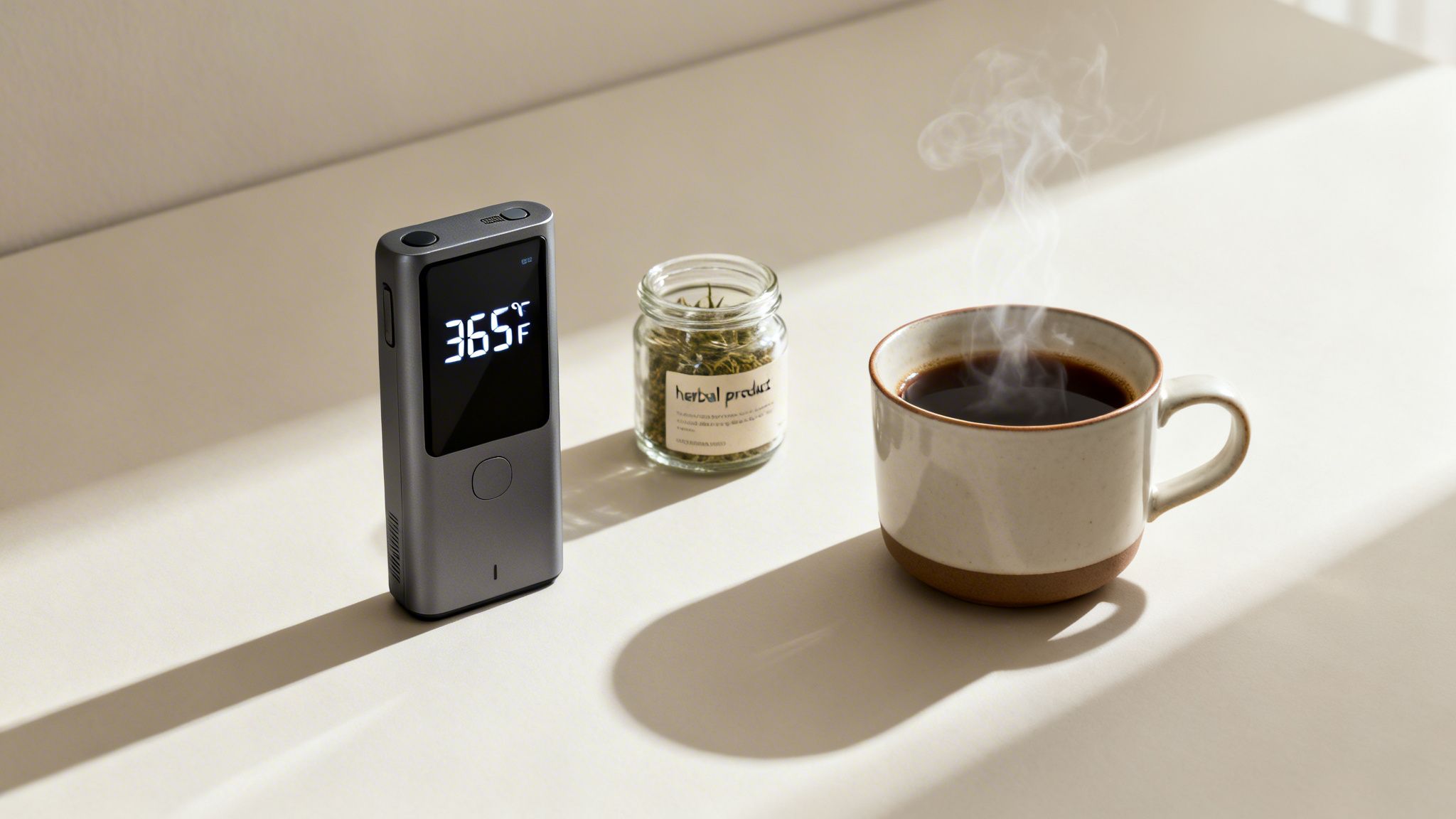 A digital thermometer displays 36.5°F beside a jar of herbal product and a steaming cup of coffee.
