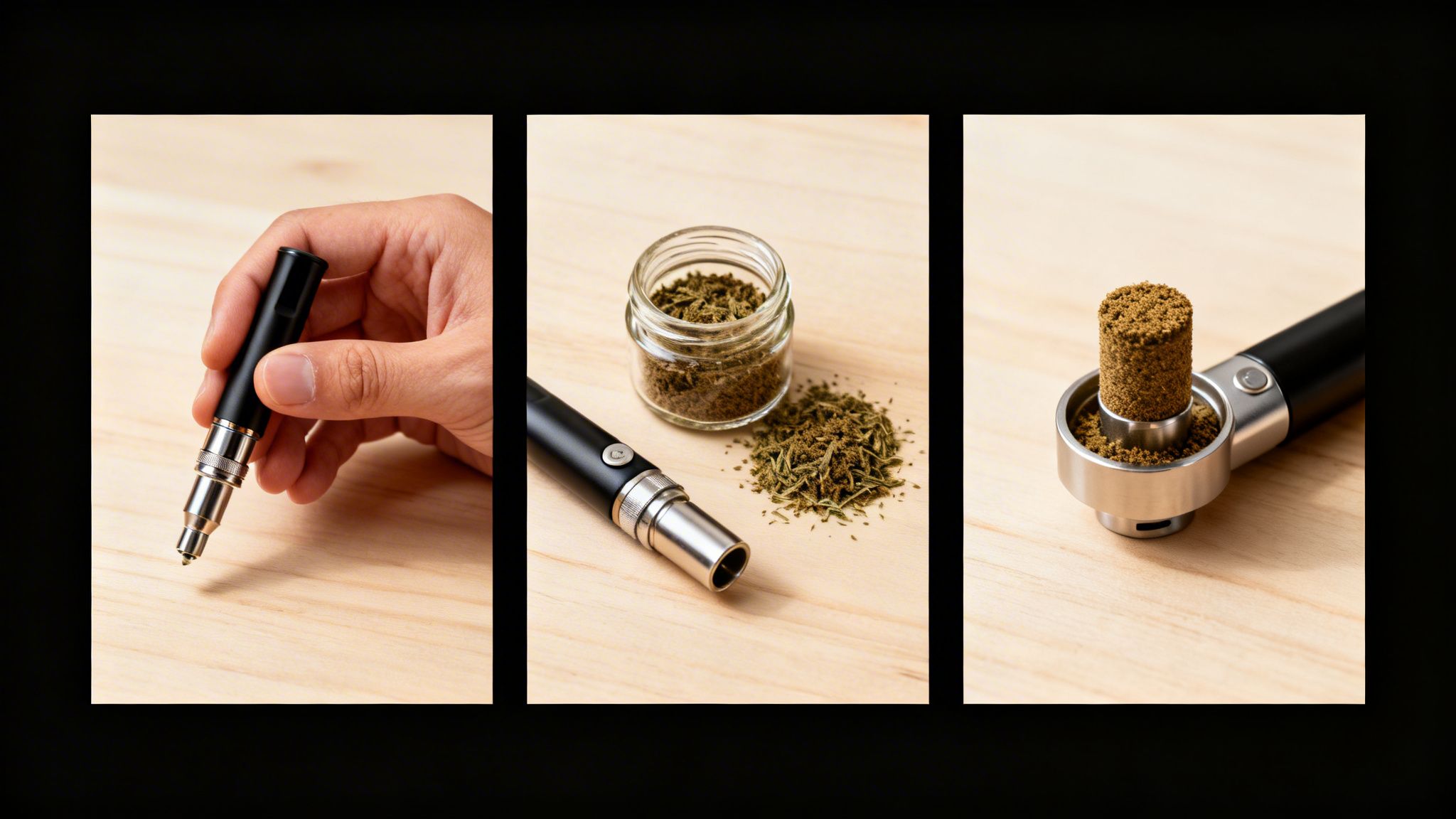 A three-panel image showing a hand, dry herbs, and a vaporizer being prepared for use.