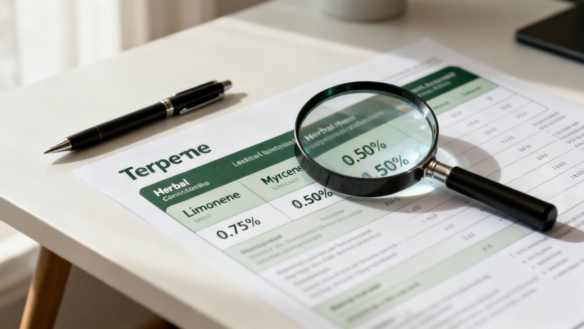 A magnifying glass and pen on a document titled 'Terpene' showing analysis with percentages.