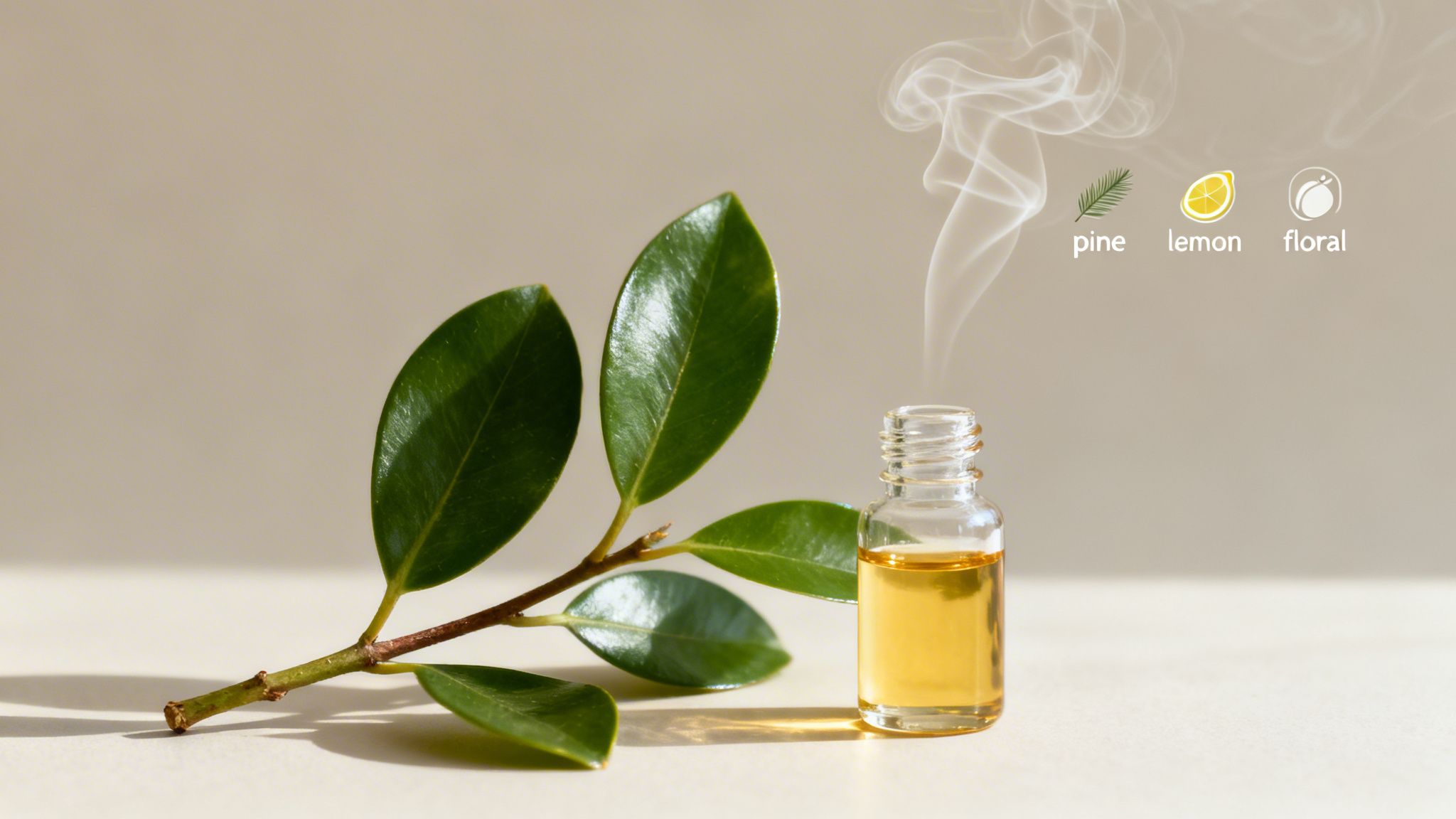 A glass bottle of essential oil with smoke, green leaves, and pine, lemon, floral icons.