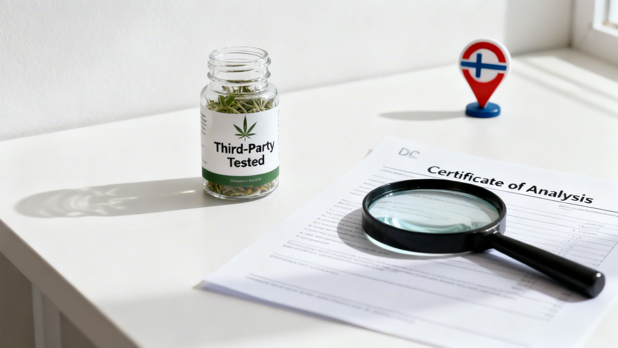 Third-party tested cannabis jar, Certificate of Analysis document, and magnifying glass on a white desk.