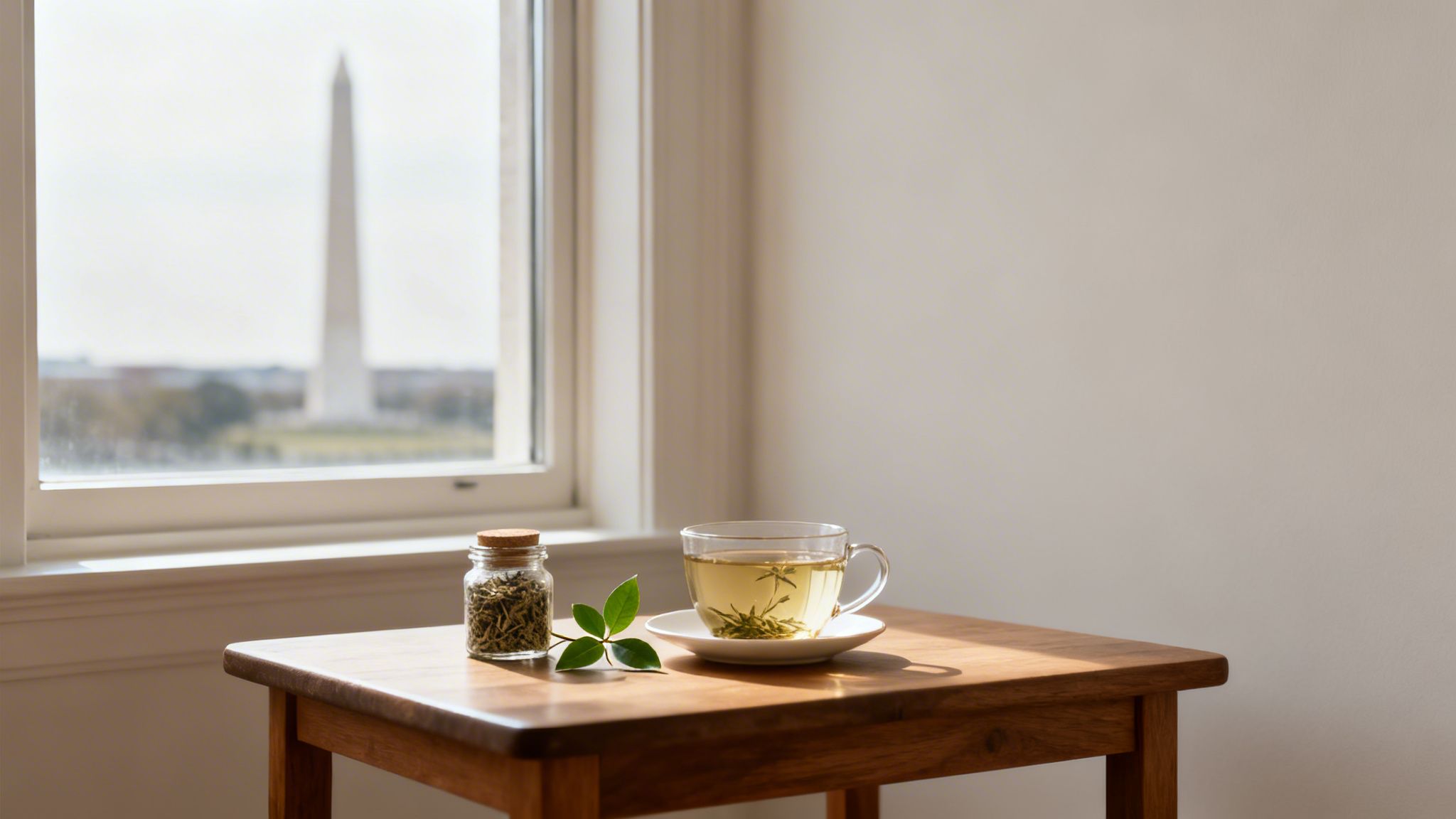 A cup of tea and loose leaf tea jar on a wooden table, with the Washington Monument visible outside a window.