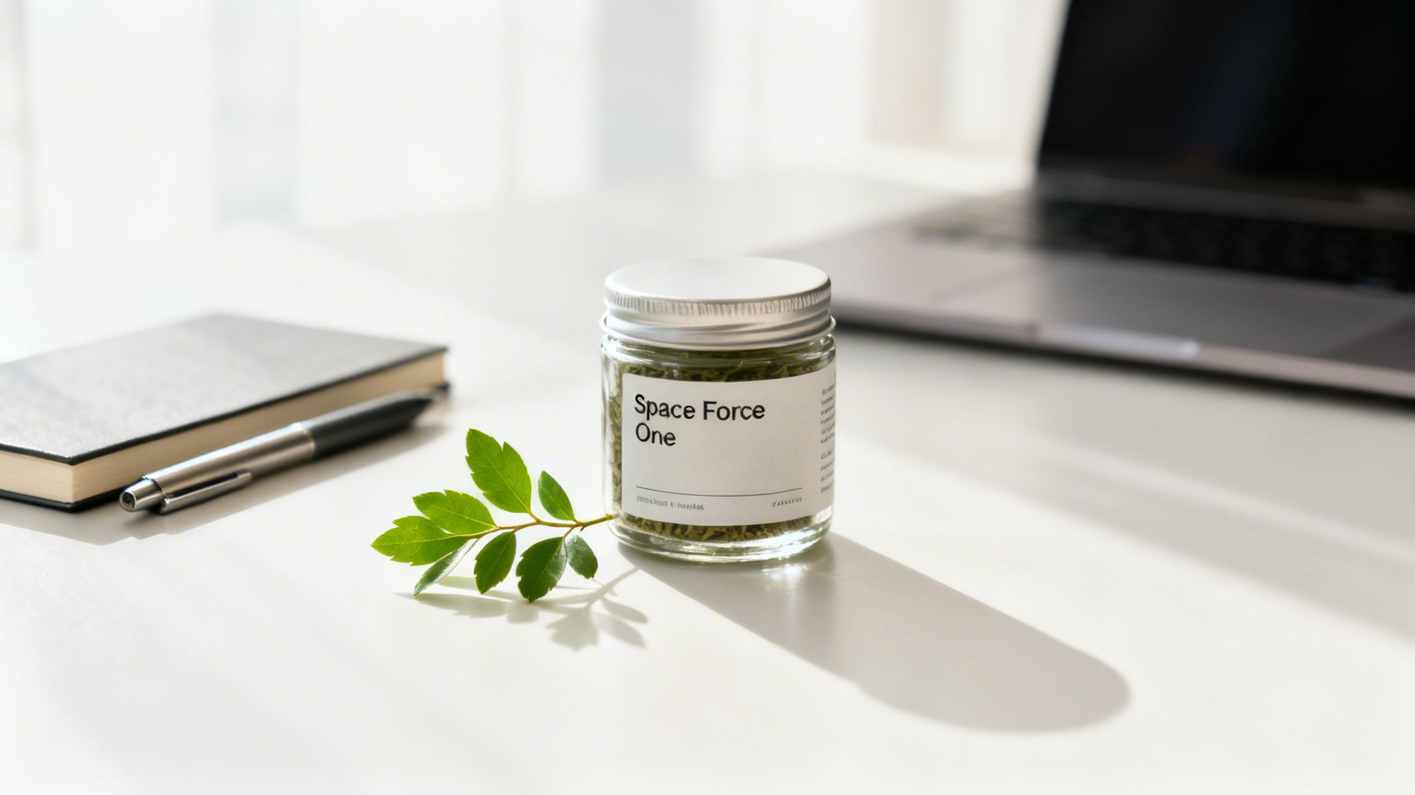Glass jar labeled 'Space Force One' with green plant material, a notebook, pen, and laptop on a bright desk.