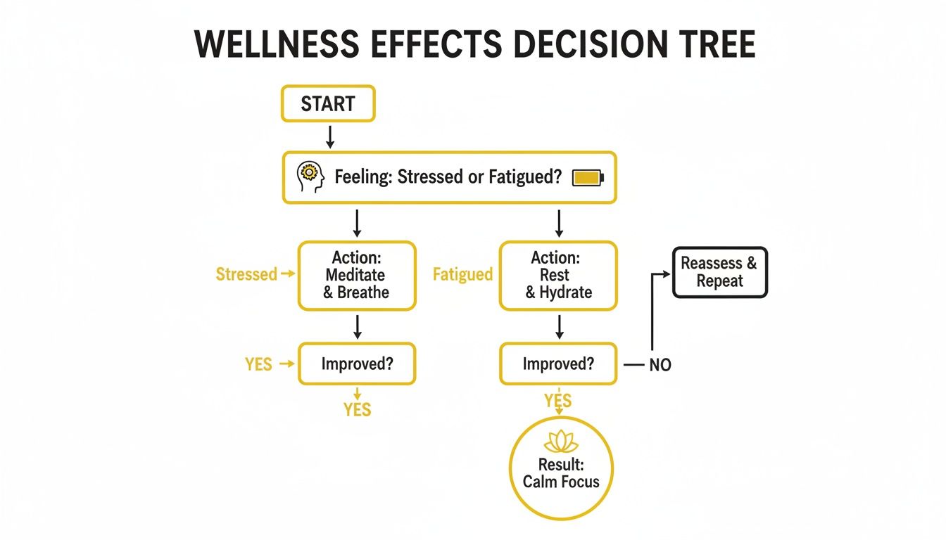 A wellness effects decision tree flowchart showing steps to achieve calm focus when feeling stressed or fatigued.