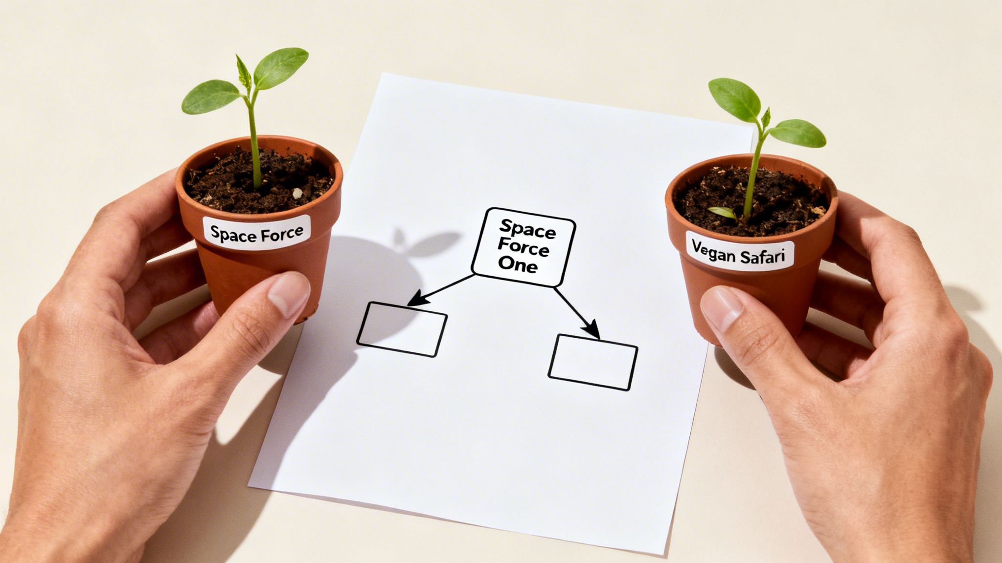 Hands hold small potted plants labeled 'Space Force' and 'Vegan Safari' next to a 'Space Force One' diagram.