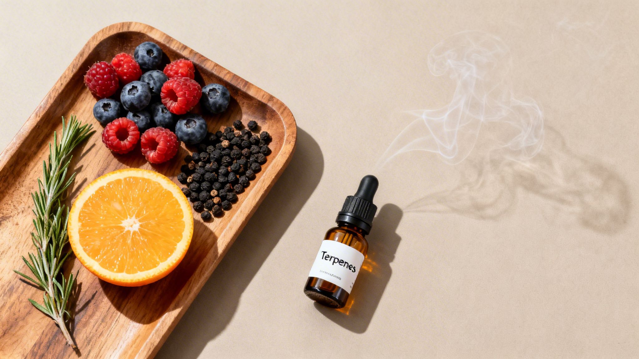 An amber dropper bottle of terpenes with smoke, next to a wooden tray of berries, orange, rosemary, and peppercorns.