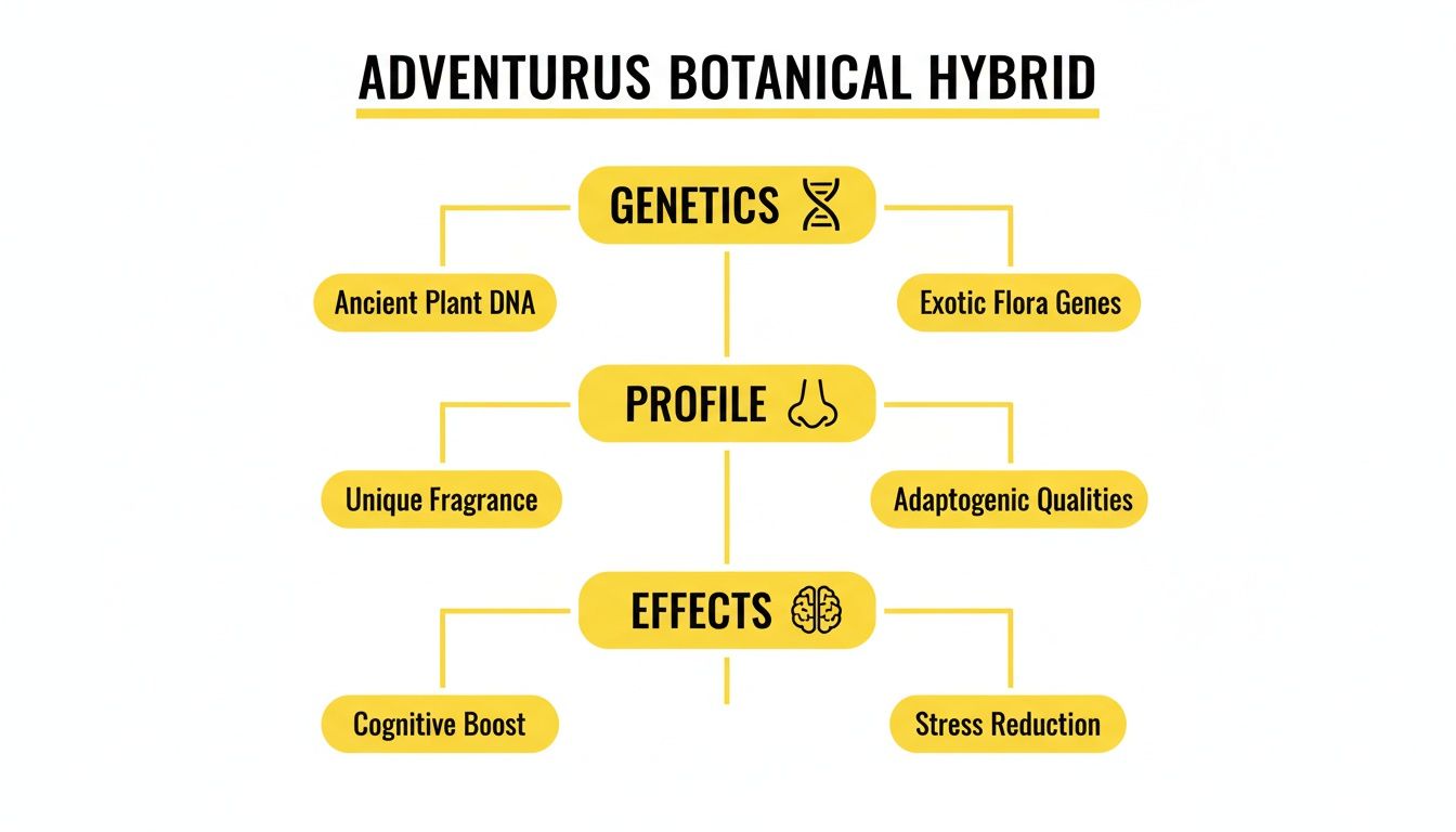 An infographic detailing the Adventurus Botanical Hybrid, covering its genetics, profile, and effects.