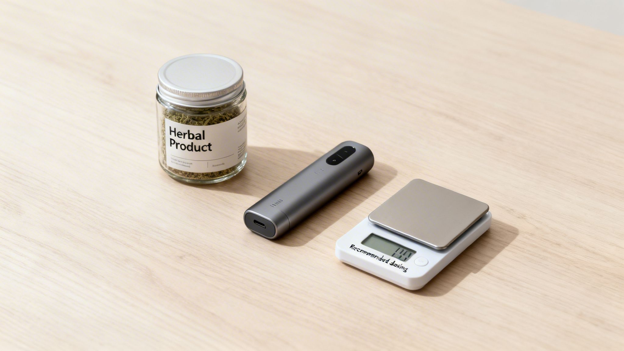 A jar of herbal product, a gray vaporizer pen, and a digital scale on a wooden table.