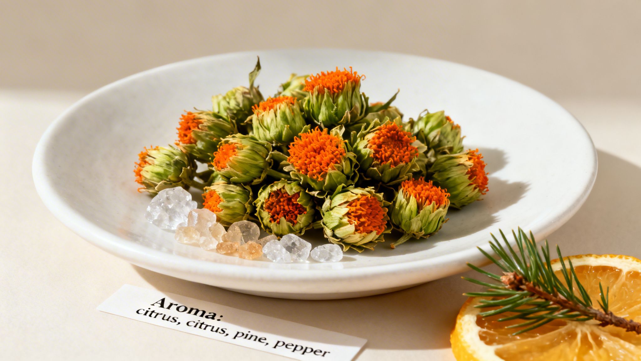 A white plate holds dried orange flowers and clear crystals, alongside a lemon slice and pine sprig, with an aroma label.