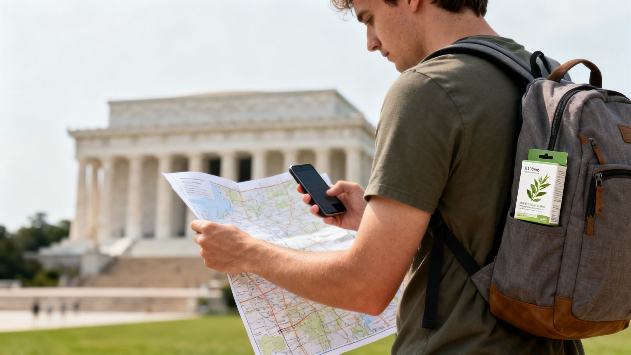 A tourist with a backpack uses a map and phone to navigate near the Lincoln Memorial.