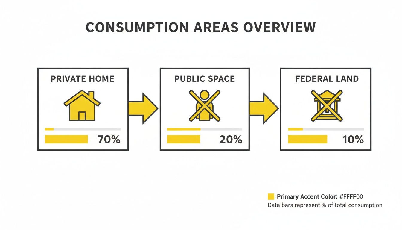Infographic showing consumption distribution: 70% private home, 20% public space, 10% federal land.
