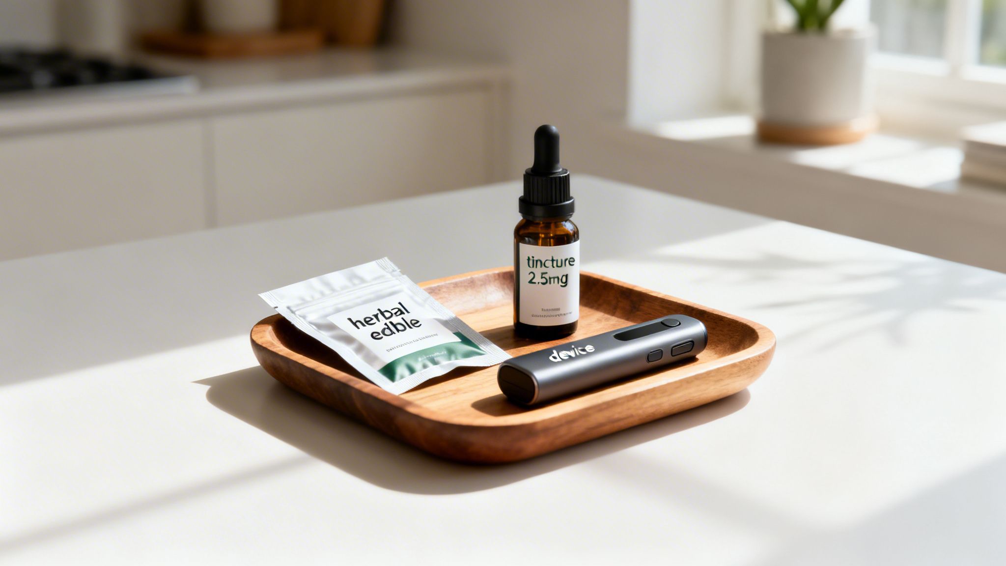 A wooden tray displays a 'herbal edible' pouch, 'tincture 2.5mg' bottle, and a black electronic device.