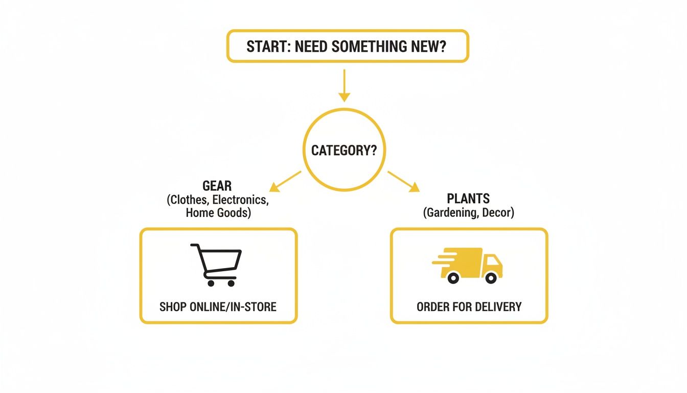 Flowchart guiding users to shop for gear (online/in-store) or order plants for delivery.
