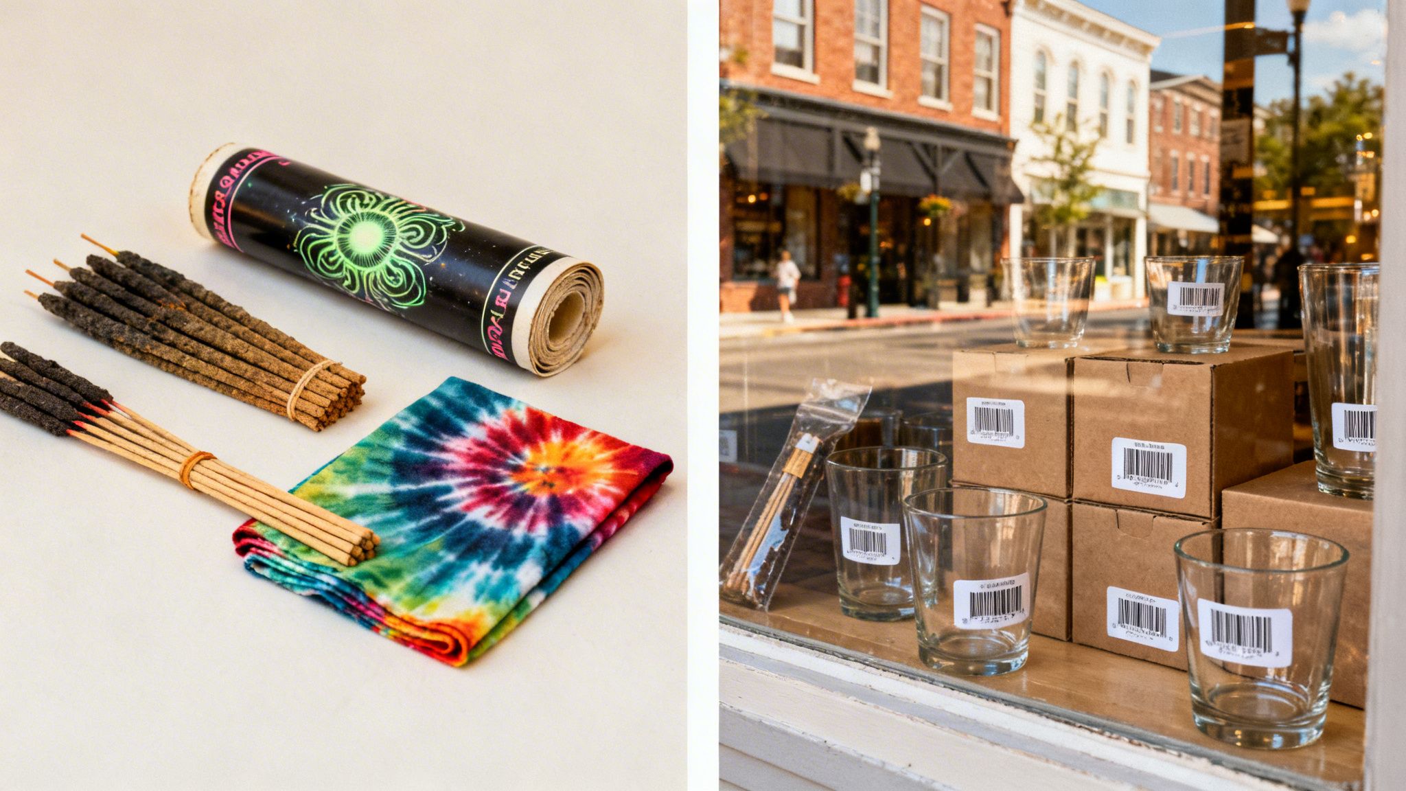 Incense sticks, tie-dye cloth, and a rolled poster beside a store window displaying glass cups with barcodes.