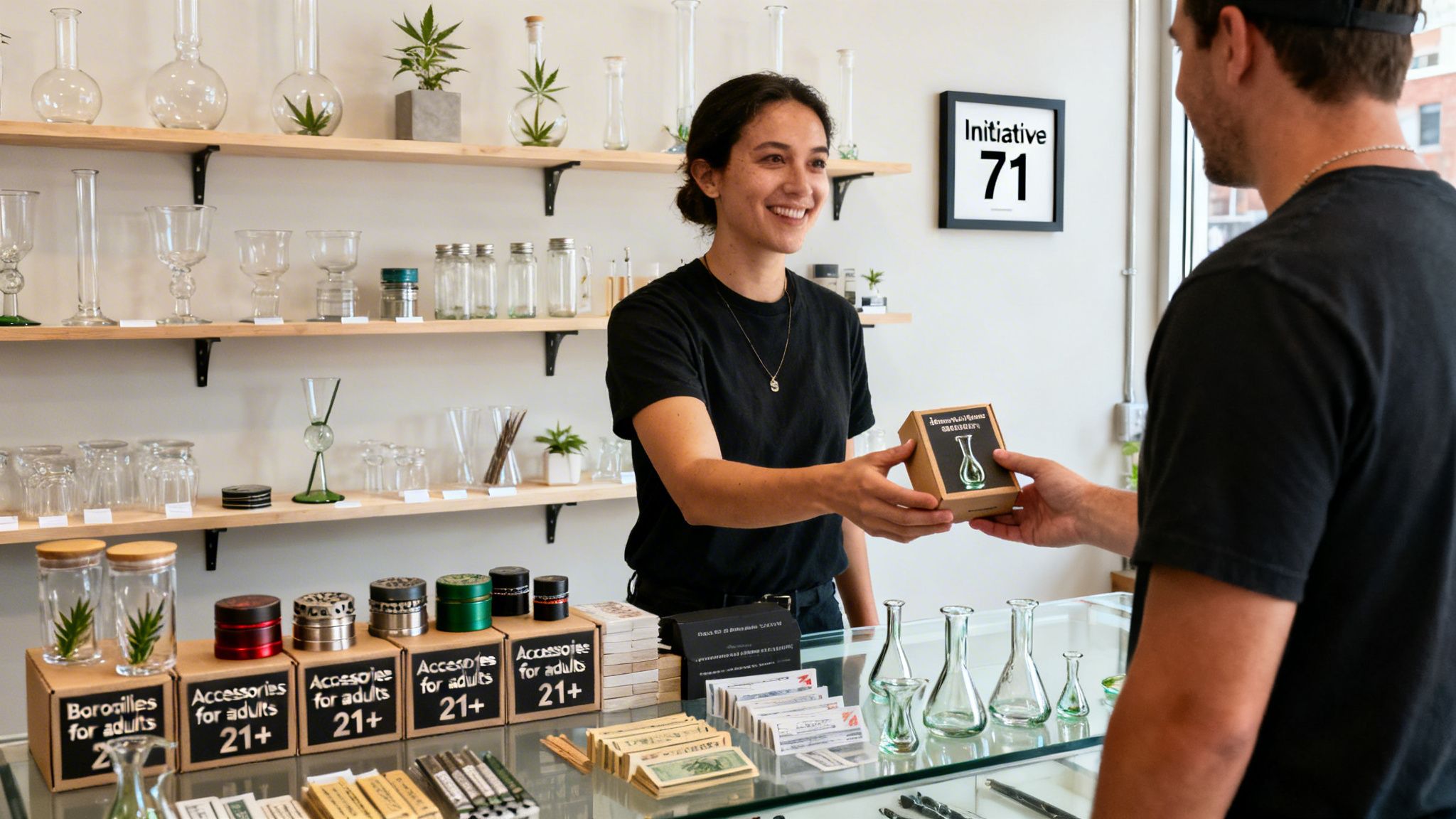 A smiling female employee hands a product box to a male customer in a modern cannabis shop.