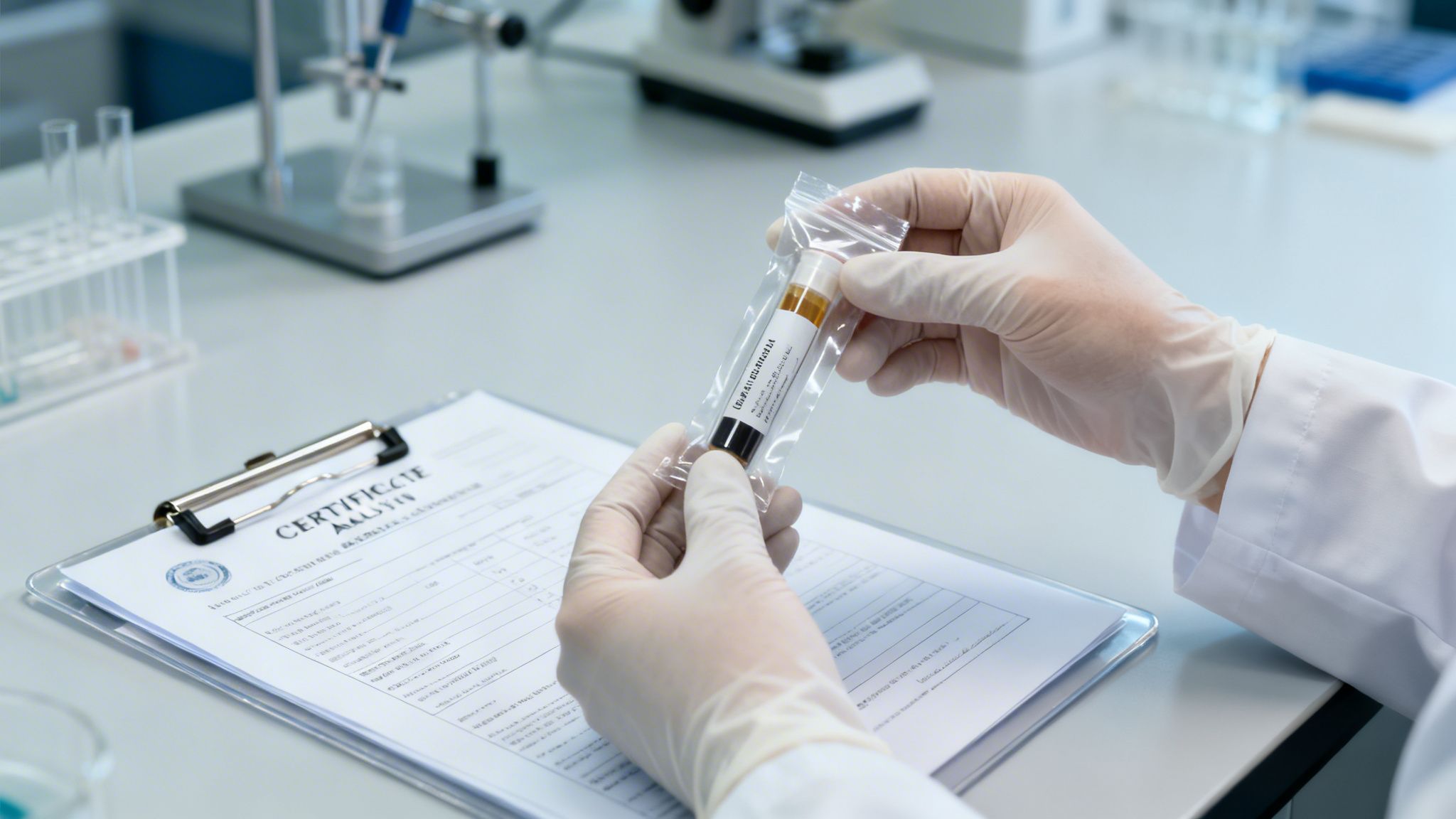 A gloved scientist holds a test tube with a sample in a lab, with a certificate on a clipboard.