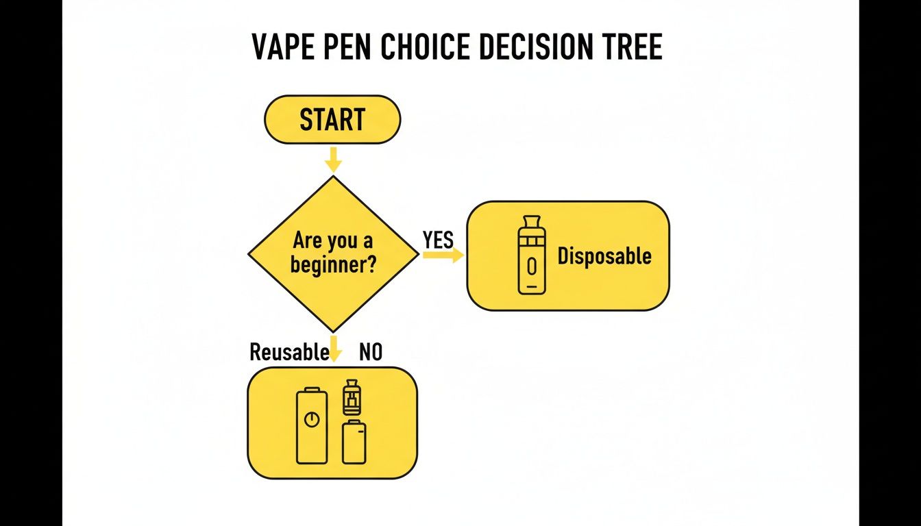 A vape pen choice decision tree flowchart, guiding users to disposable or reusable options based on beginner status.