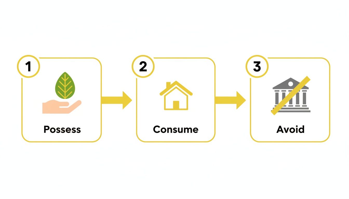 A three-step diagram showing Possess (leaf in hand), Consume (house), and Avoid (crossed-out building).