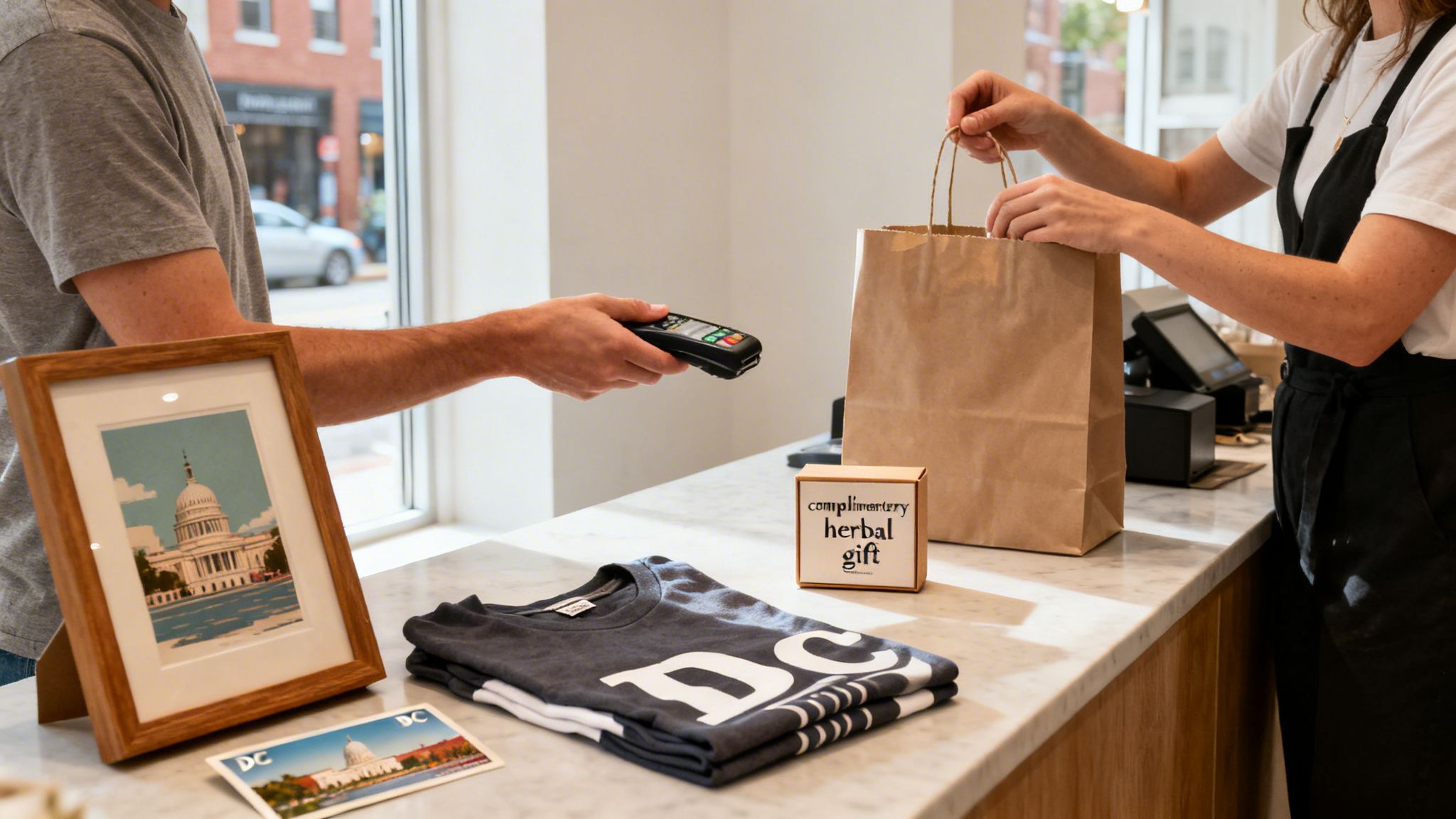 Customer pays with card reader at store counter, while an employee bags items including a shirt and gift.
