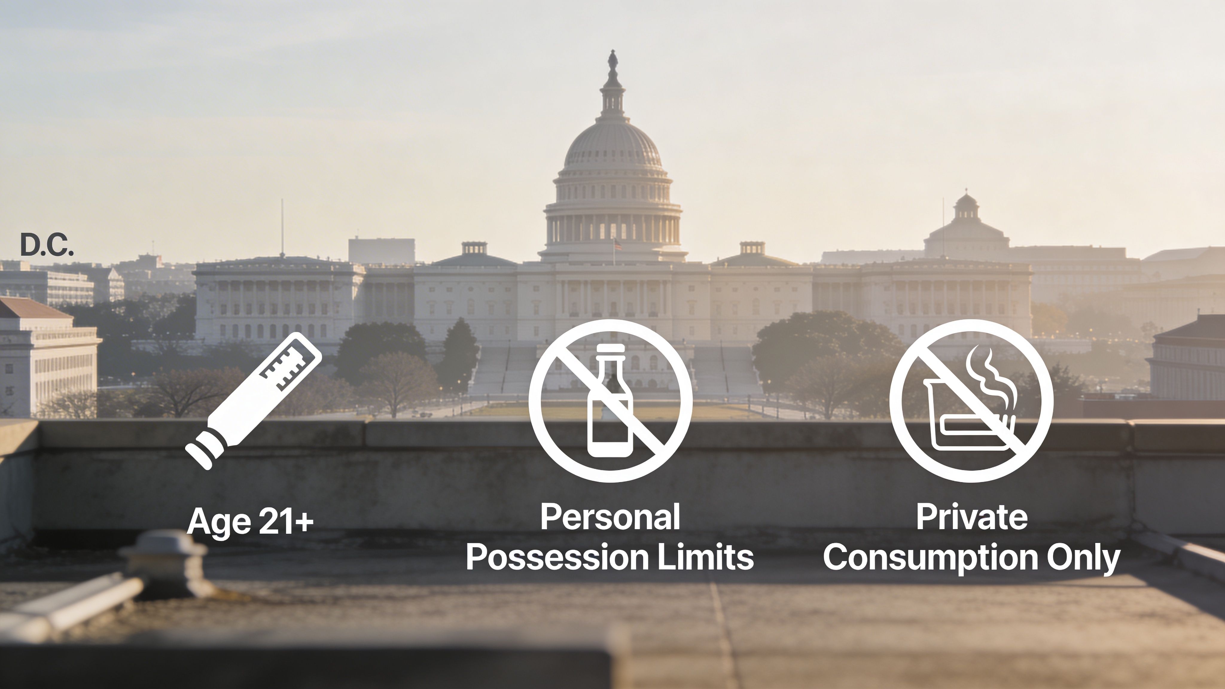 A graphic depicting legal cannabis regulations in Washington D.C. with icons for age, possession limits, and consumption.