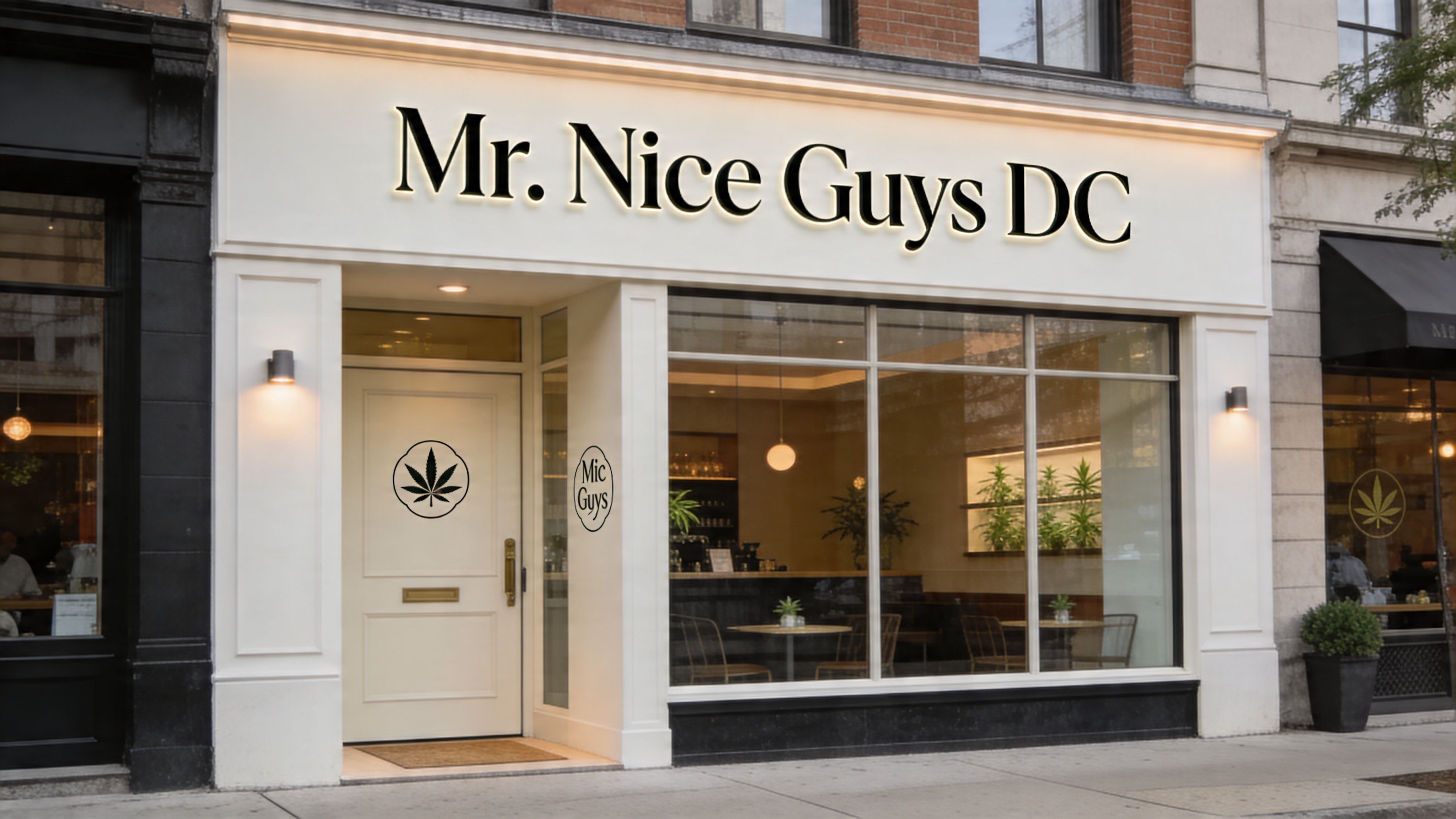 A brightly lit storefront of the cannabis dispensary Mr. Nice Guys DC featuring modern elegant decor.