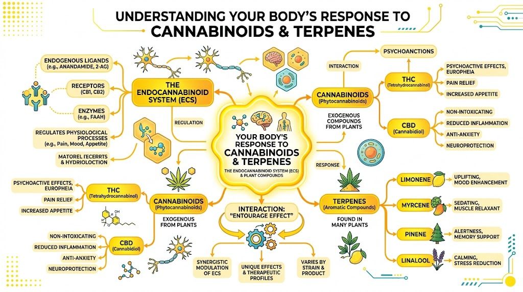 An infographic diagram explaining the endocannabinoid system, cannabinoids like THC and CBD, and the therapeutic effects of terpenes.