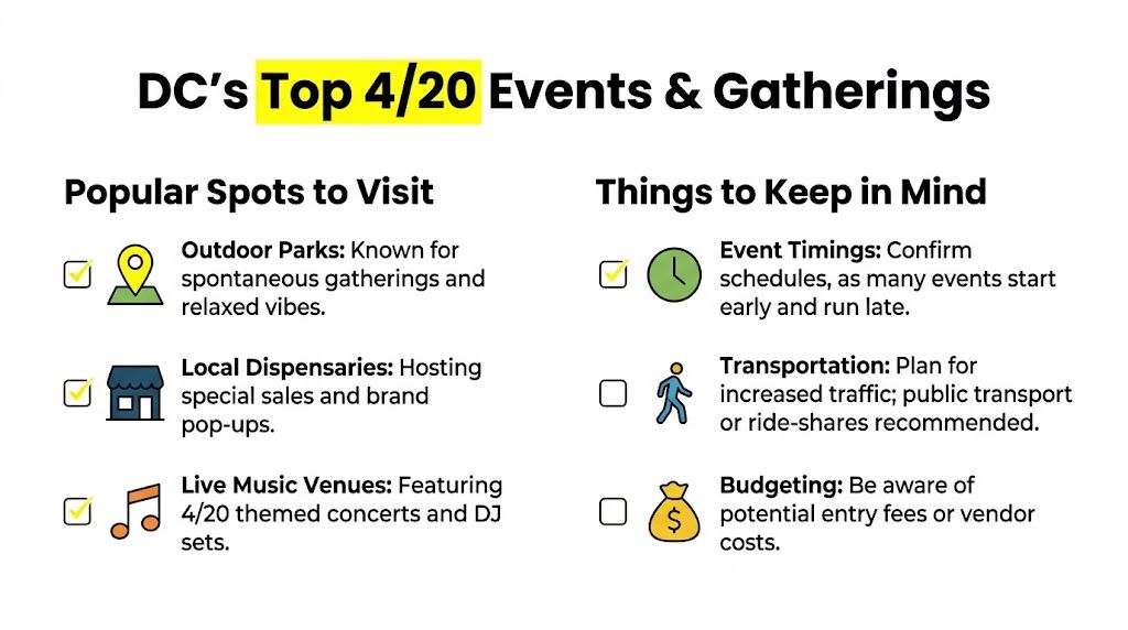 A checklist infographic titled DC's Top 4/20 Events & Gatherings showing popular spots and tips for attendees.