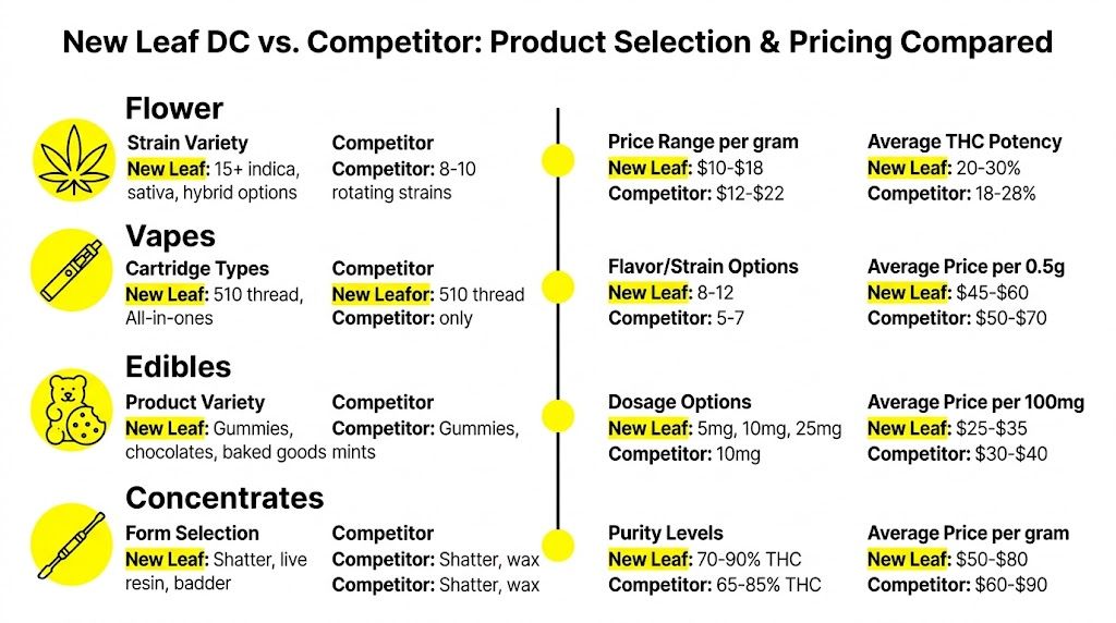 A comparison chart showing product selection and pricing differences between New Leaf DC and their competitor.