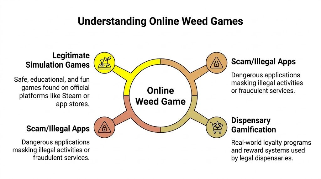 A diagram categorizing online weed games into legitimate simulation games, dispensary gamification, and potential scam or illegal applications.