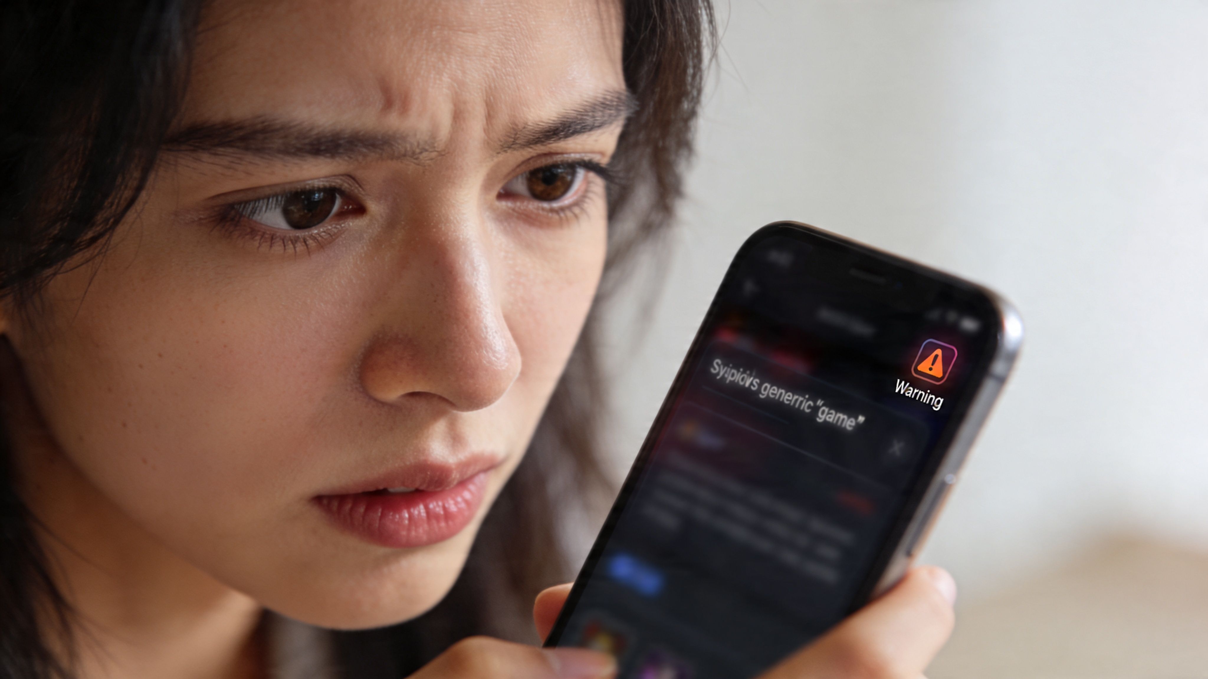 A worried young woman looking at a smartphone screen showing an orange warning notification about a game.