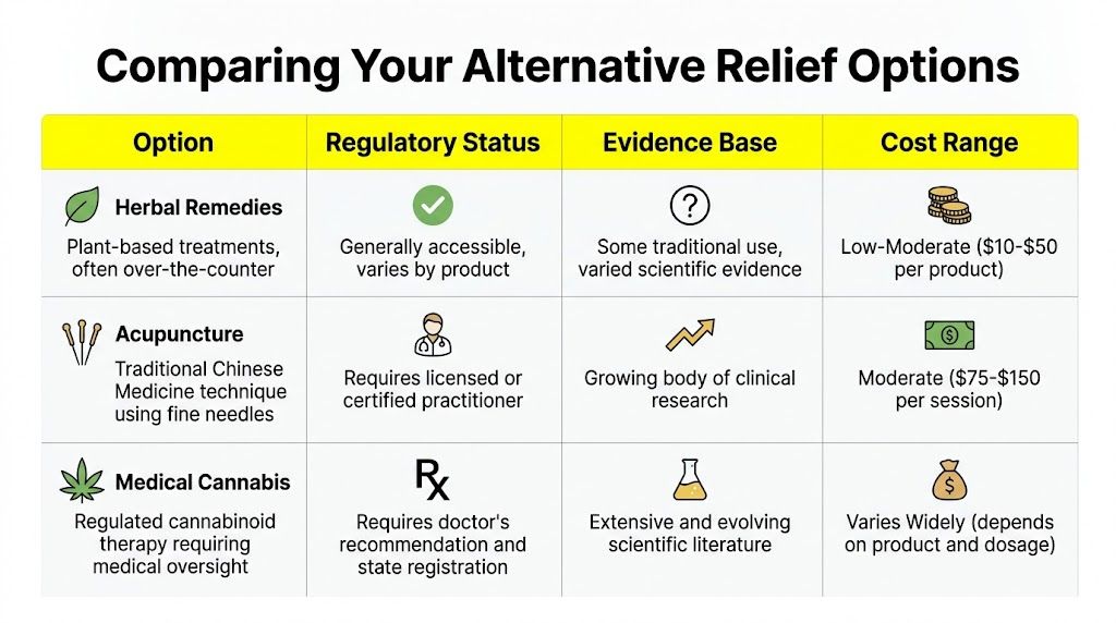 A comparison table outlining alternative relief options including herbal remedies, acupuncture, and medical cannabis with details.
