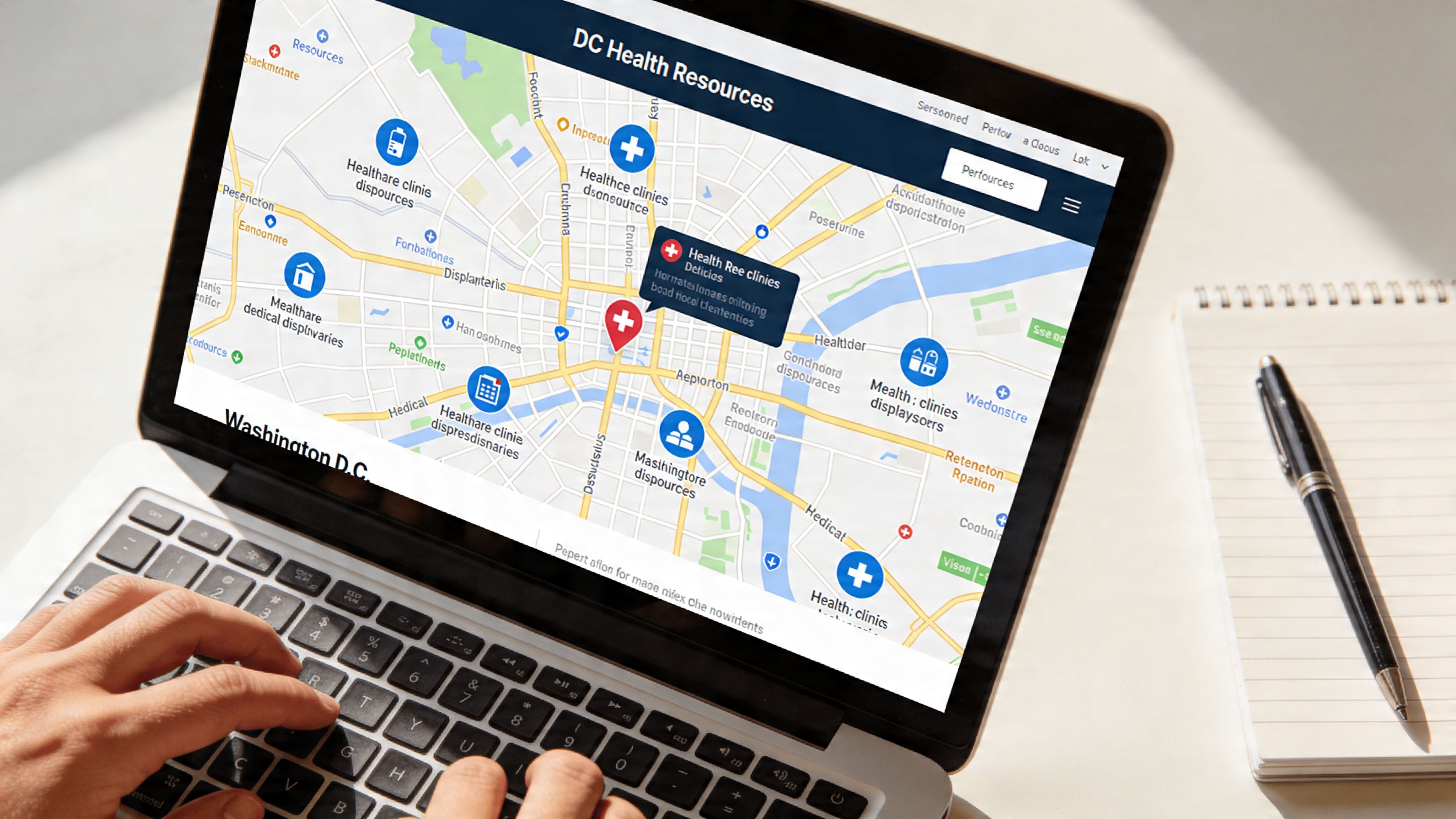 A person types on a laptop displaying a map of health clinics in Washington D.C.