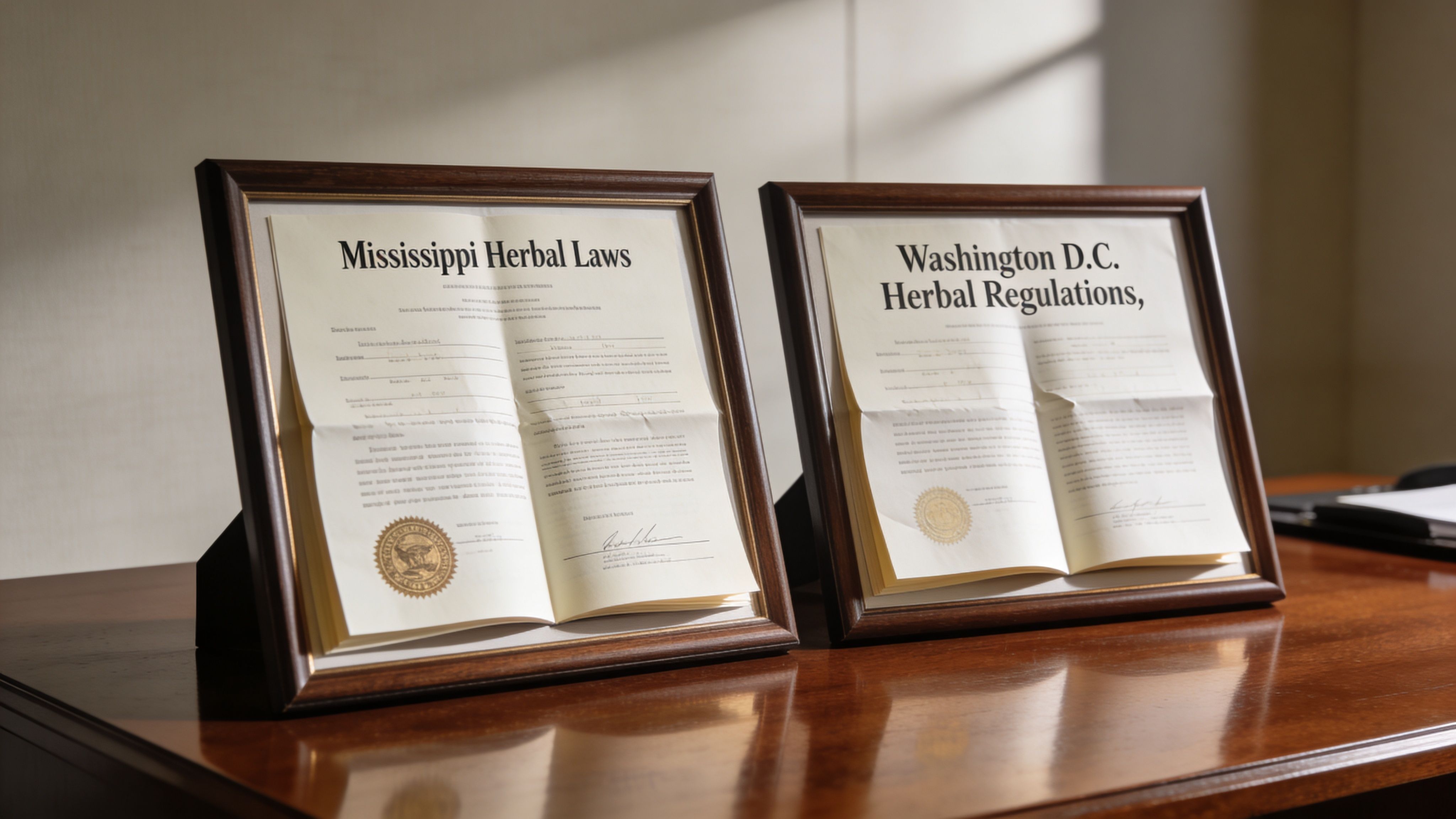 Two framed legal documents titled Mississippi Herbal Laws and Washington D.C. Herbal Regulations on a wooden desk.