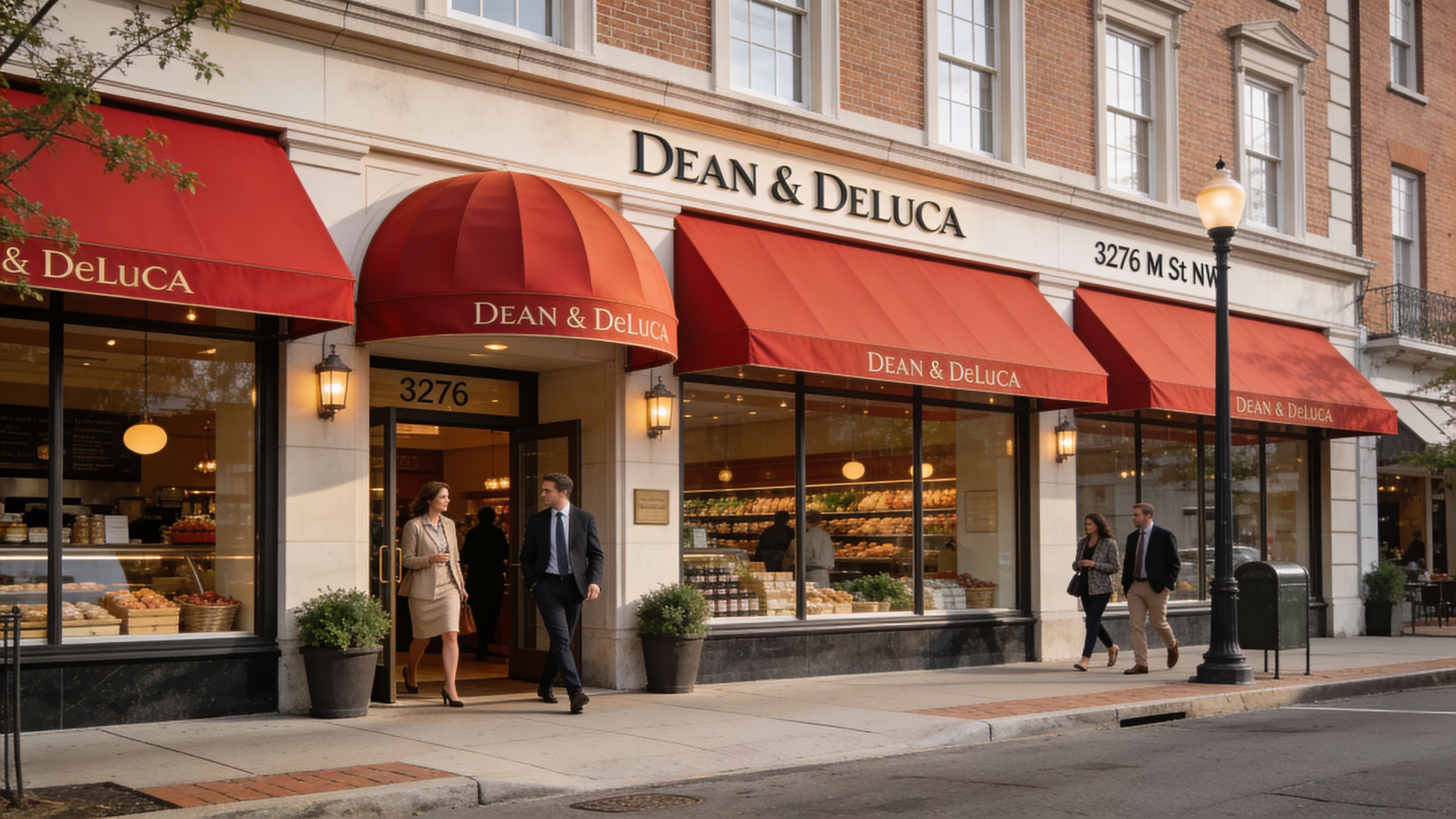 A professional man and woman exiting the Dean & Deluca storefront located at 3276 M St NW.