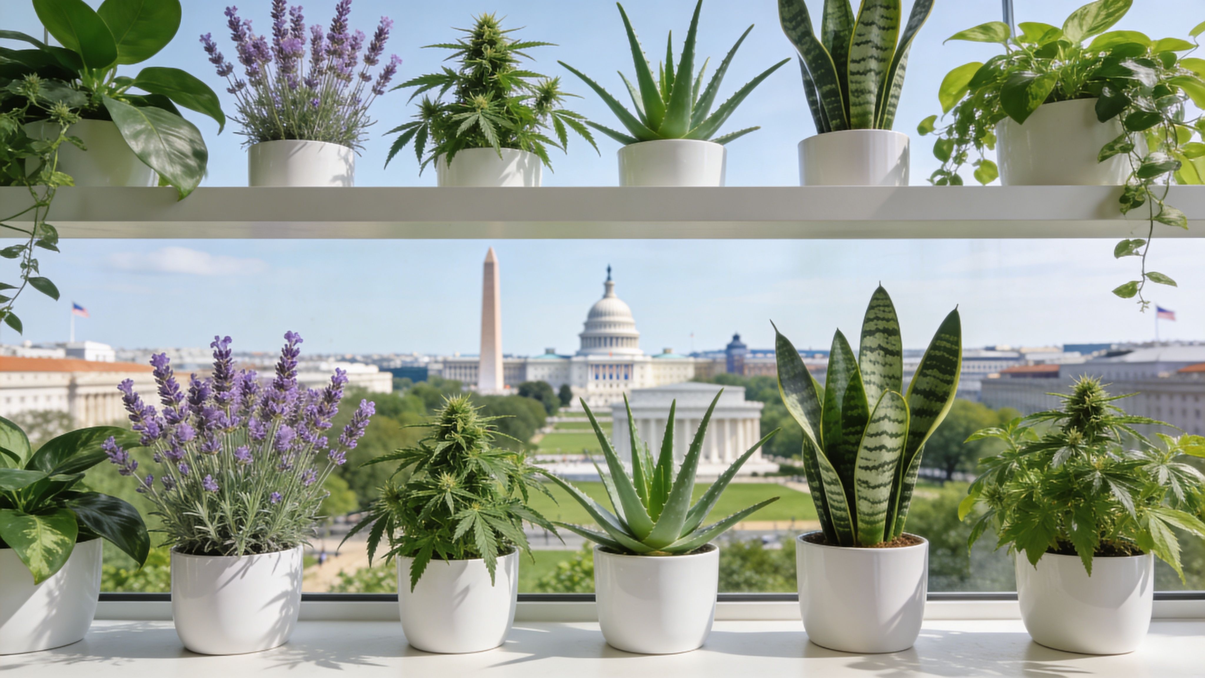 Potted plants arranged on a windowsill overlooking the Washington Monument and the United States Capitol building.