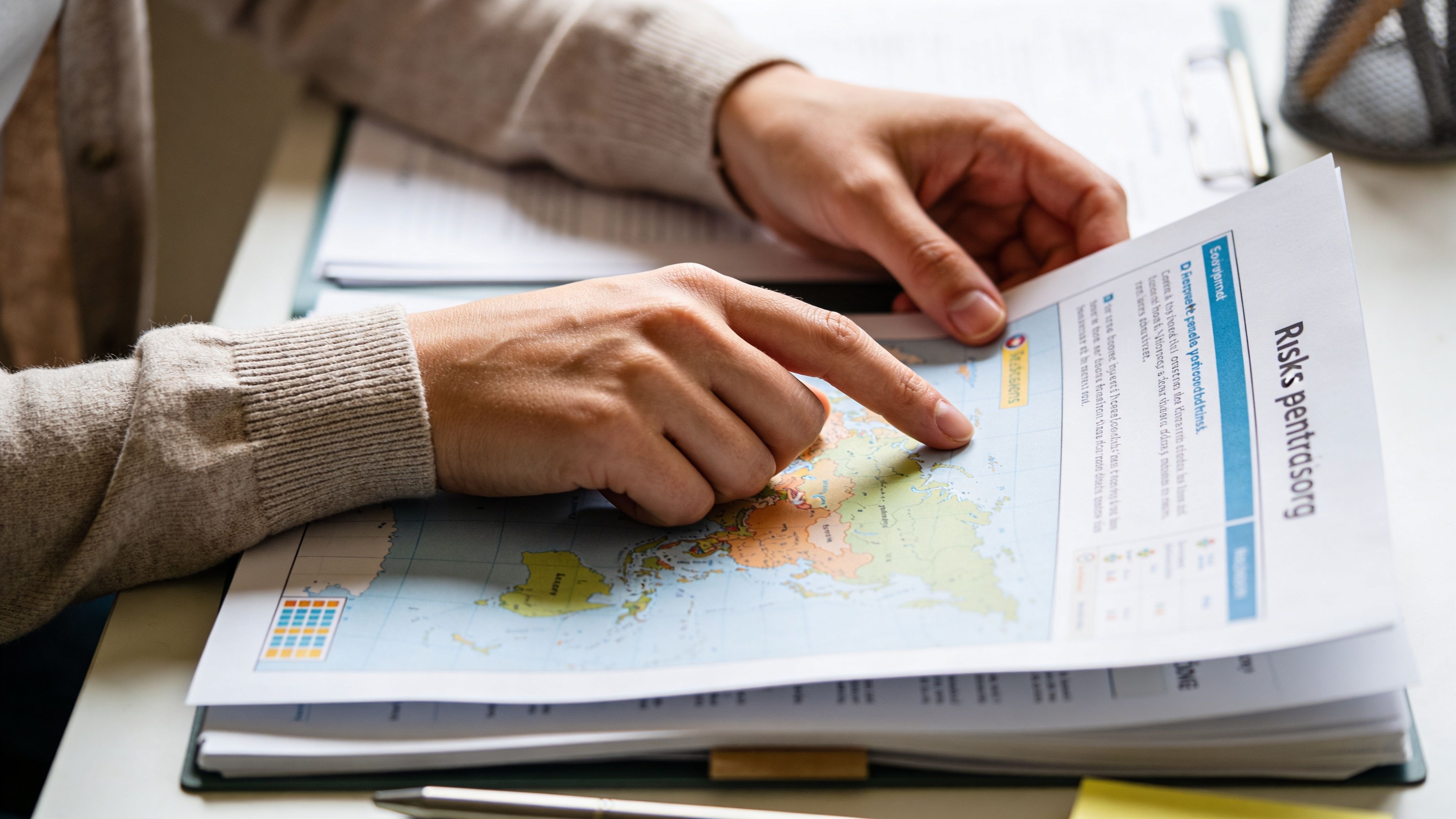A person pointing at a map on a document with the title Risks pentrasorg during research.