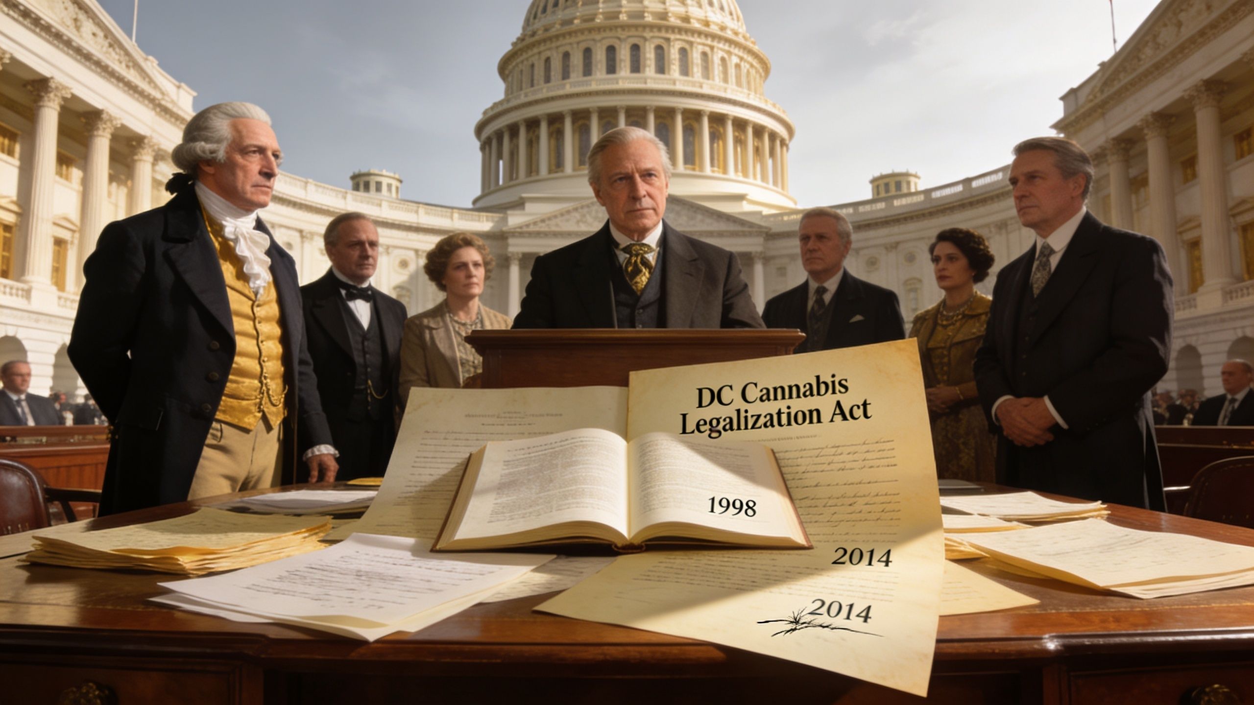 A group of formally dressed officials stand before the U.S. Capitol with documents about DC cannabis legalization.
