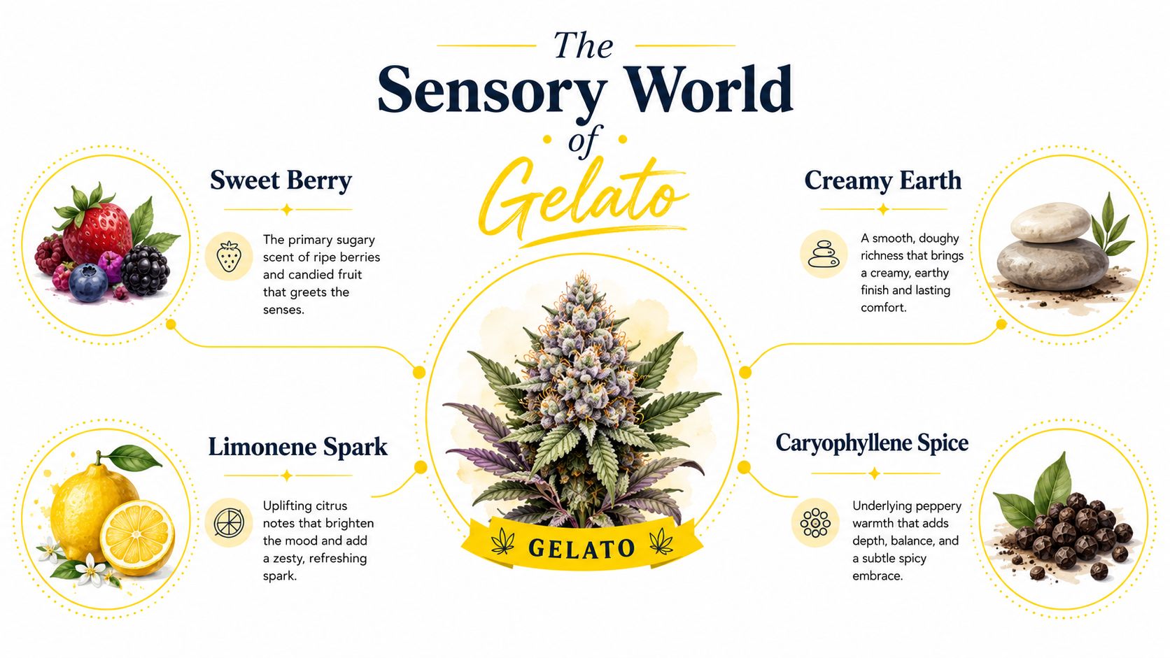 An infographic detailing the sensory profile of the Gelato cannabis strain, including berry, citrus, earth, and spice notes.